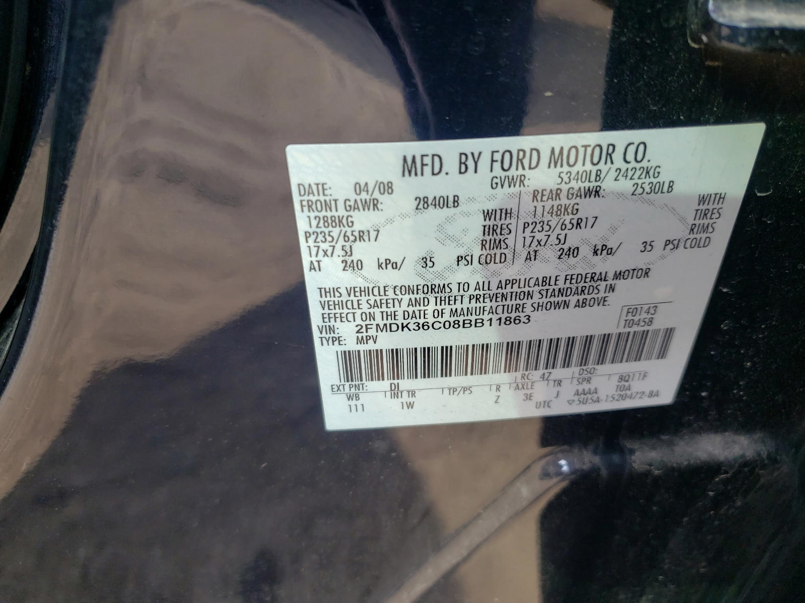 Photo 10 from auction – 2008 FORD EDGE SE with VIN 2FMDK36C08BB11863