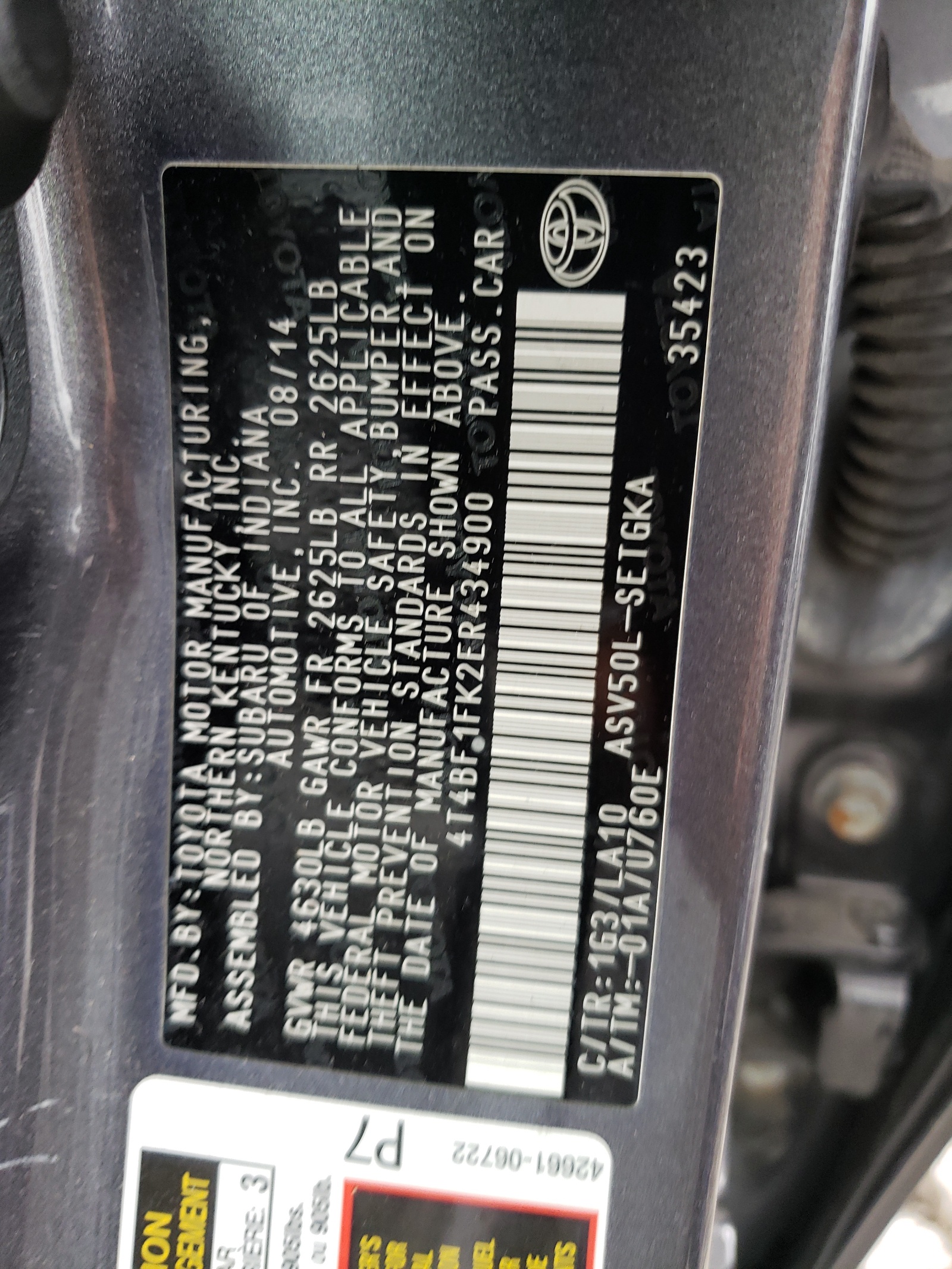 Photo 10 from auction – 2014 TOYOTA CAMRY L with VIN 4T4BF1FK2ER434900