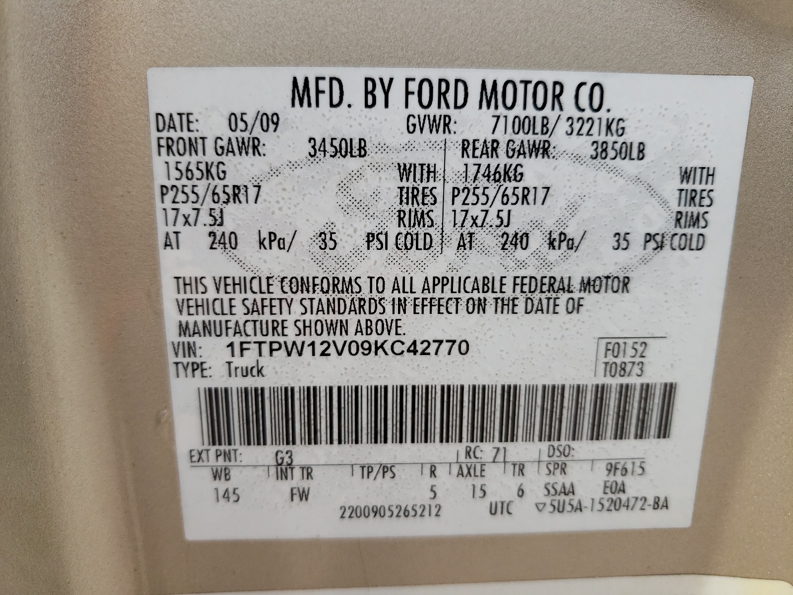 Photo 10 from auction – 2009 FORD F150 SUPER with VIN 1FTPW12V09KC42770