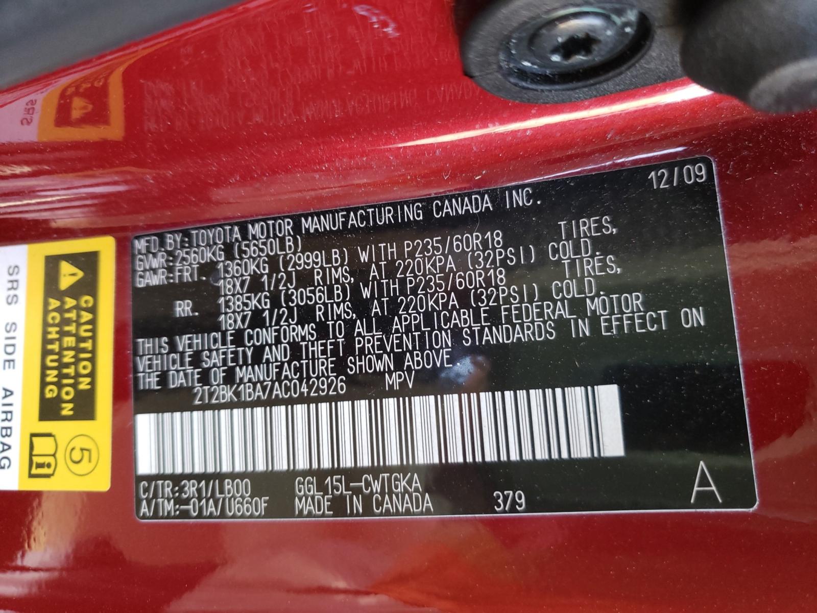 Photo 10 from auction – 2010 LEXUS RX 350 with VIN 2T2BK1BA7AC042926