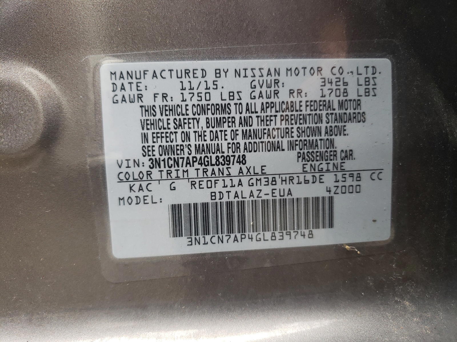 Photo 10 from auction – 2016 NISSAN VERSA S with VIN 3N1CN7AP4GL839748