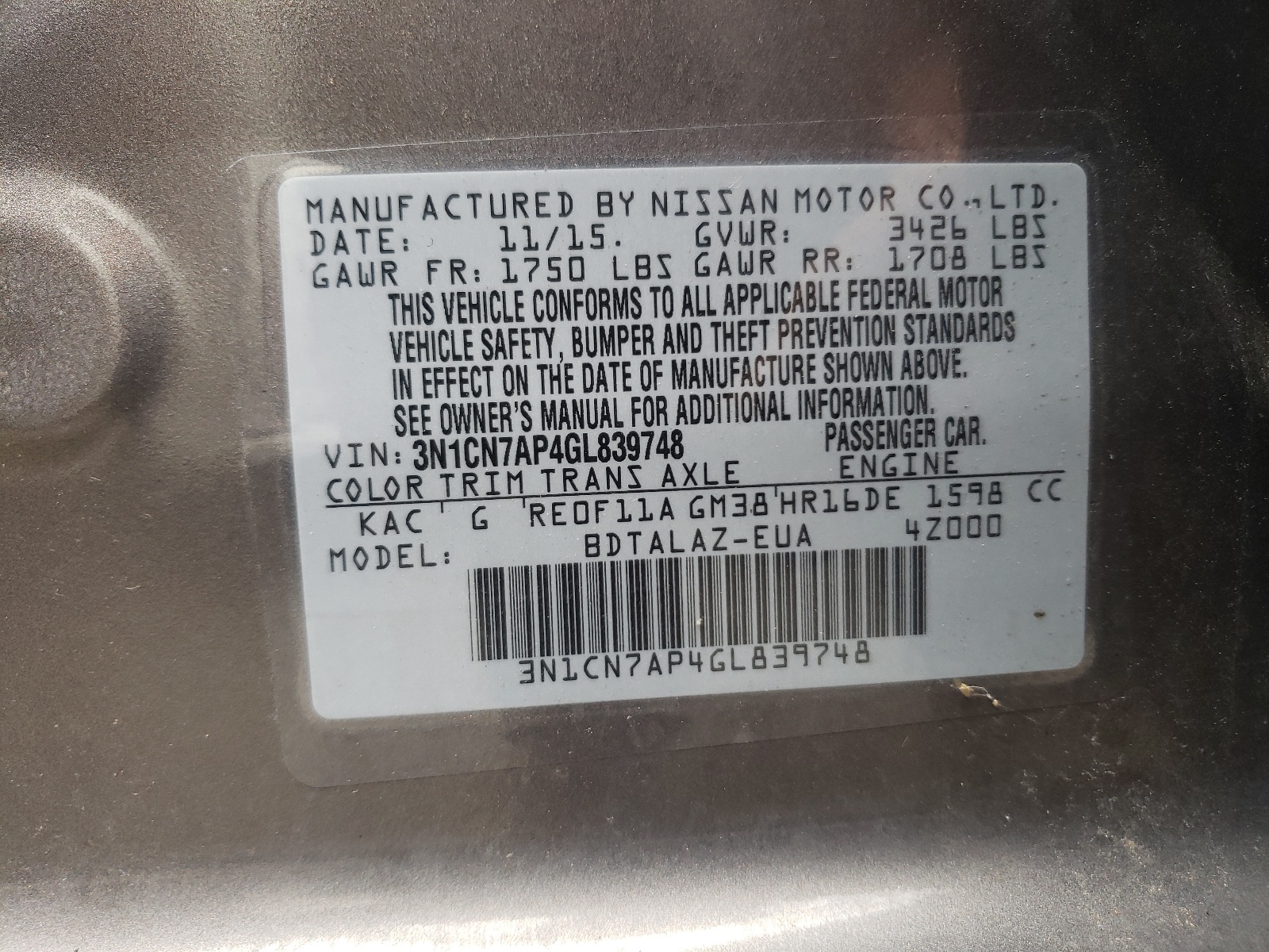 صورة رقم 10 من المزاد - 2016 NISSAN VERSA S مع VIN 3N1CN7AP4GL839748