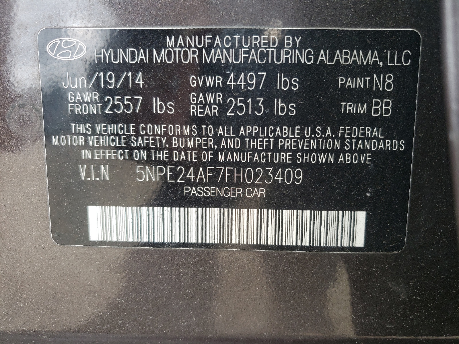 Photo 10 from auction – 2015 HYUNDAI SONATA SE with VIN 5NPE24AF7FH023409