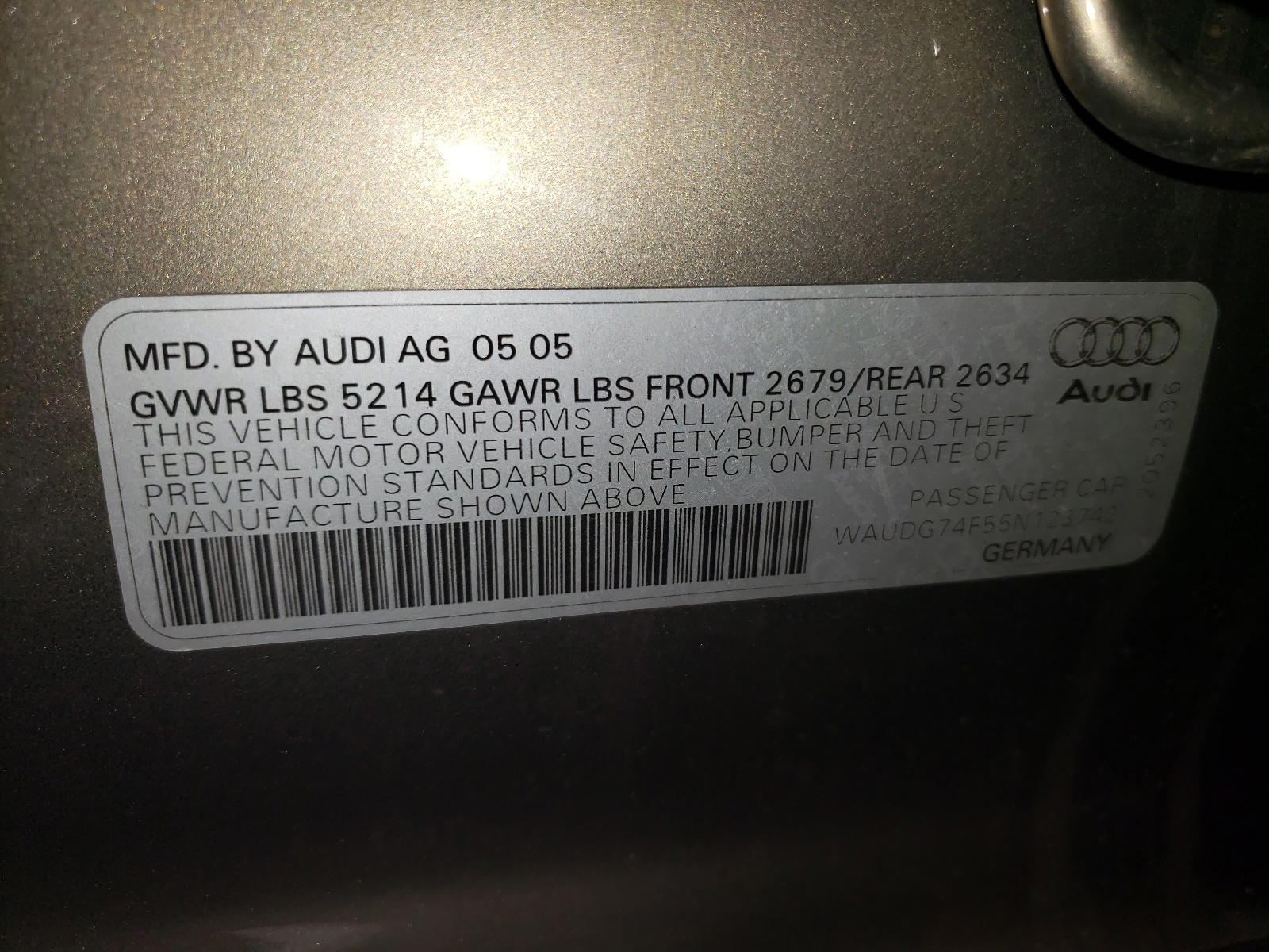 Photo 10 from auction – 2005 AUDI A6 3.2 QUA with VIN WAUDG74F55N123742