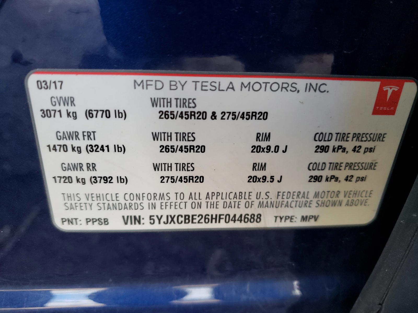 Photo 10 from auction – 2017 TESLA MODEL X with VIN 5YJXCBE26HF044688