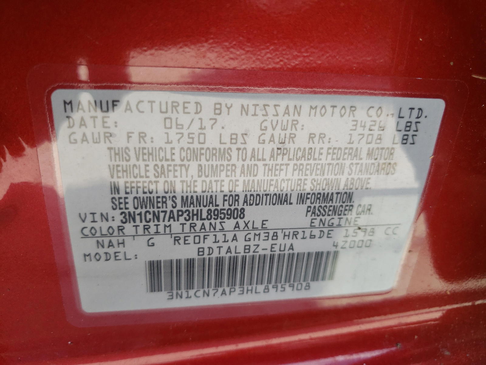 Photo 10 from auction – 2017 NISSAN VERSA S with VIN 3N1CN7AP3HL895908