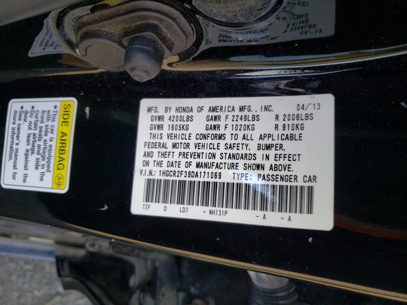 Photo 10 from auction – 2013 HONDA ACCORD LX with VIN 1HGCR2F39DA171069