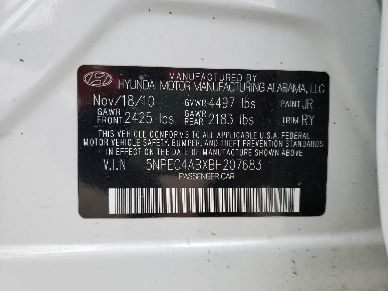 Photo 10 from auction – 2011 HYUNDAI SONATA SE with VIN 5NPEC4ABXBH207683