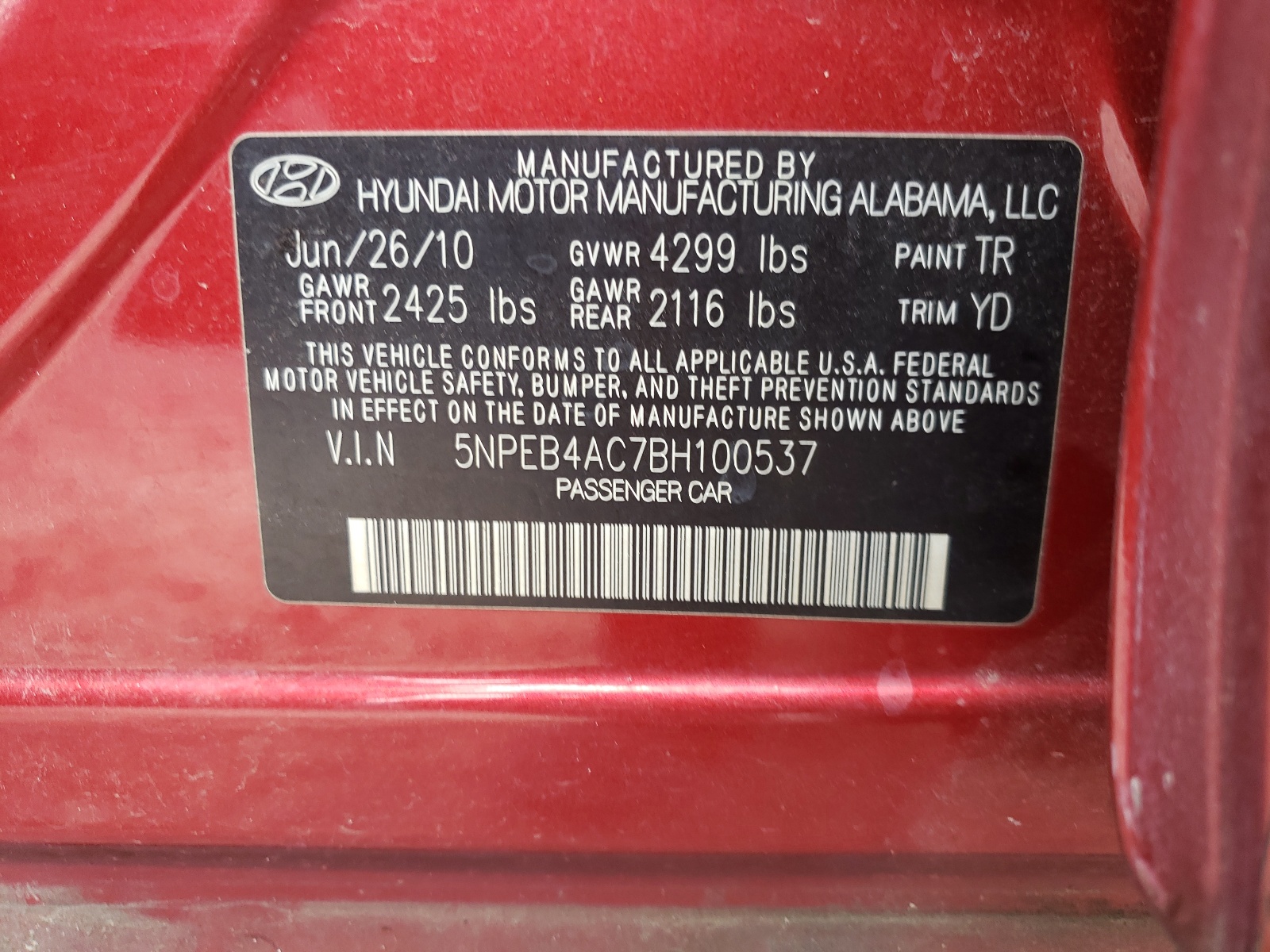 Photo 10 from auction – 2011 HYUNDAI SONATA GLS with VIN 5NPEB4AC7BH100537