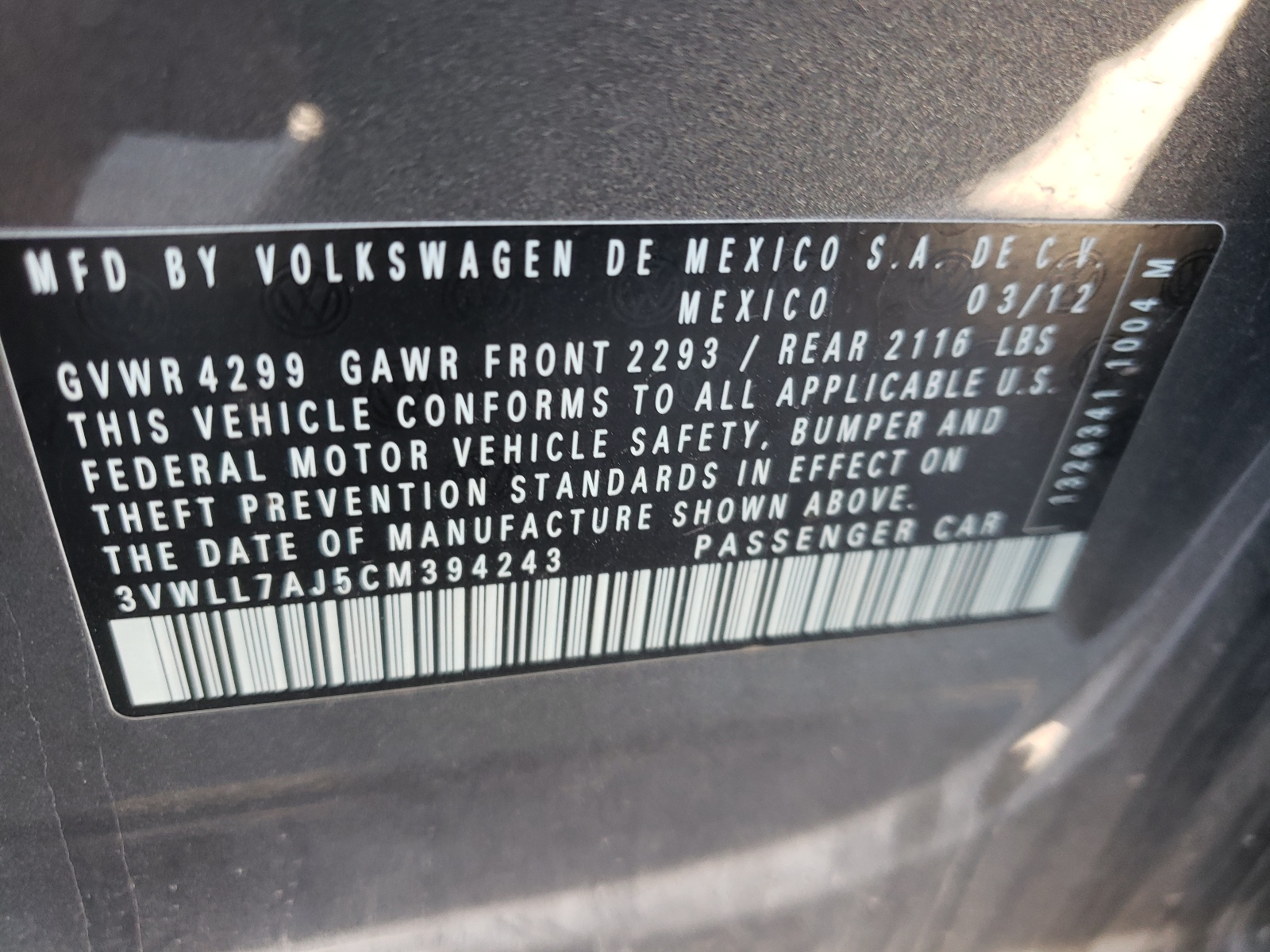 Photo 10 from auction – 2012 VOLKSWAGEN JETTA TDI with VIN 3VWLL7AJ5CM394243