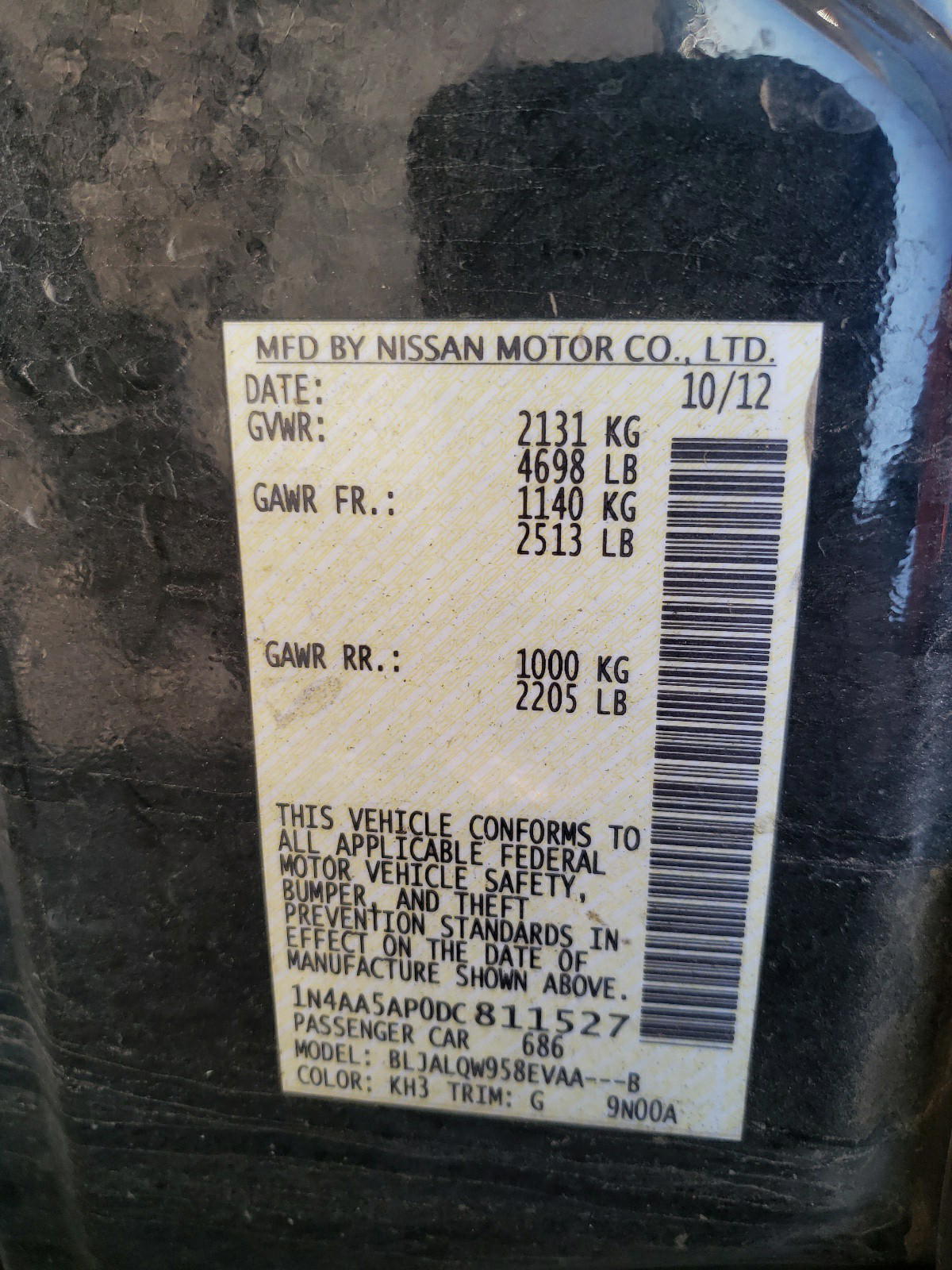 Photo 10 from auction – 2013 NISSAN MAXIMA S with VIN 1N4AA5AP0DC811527