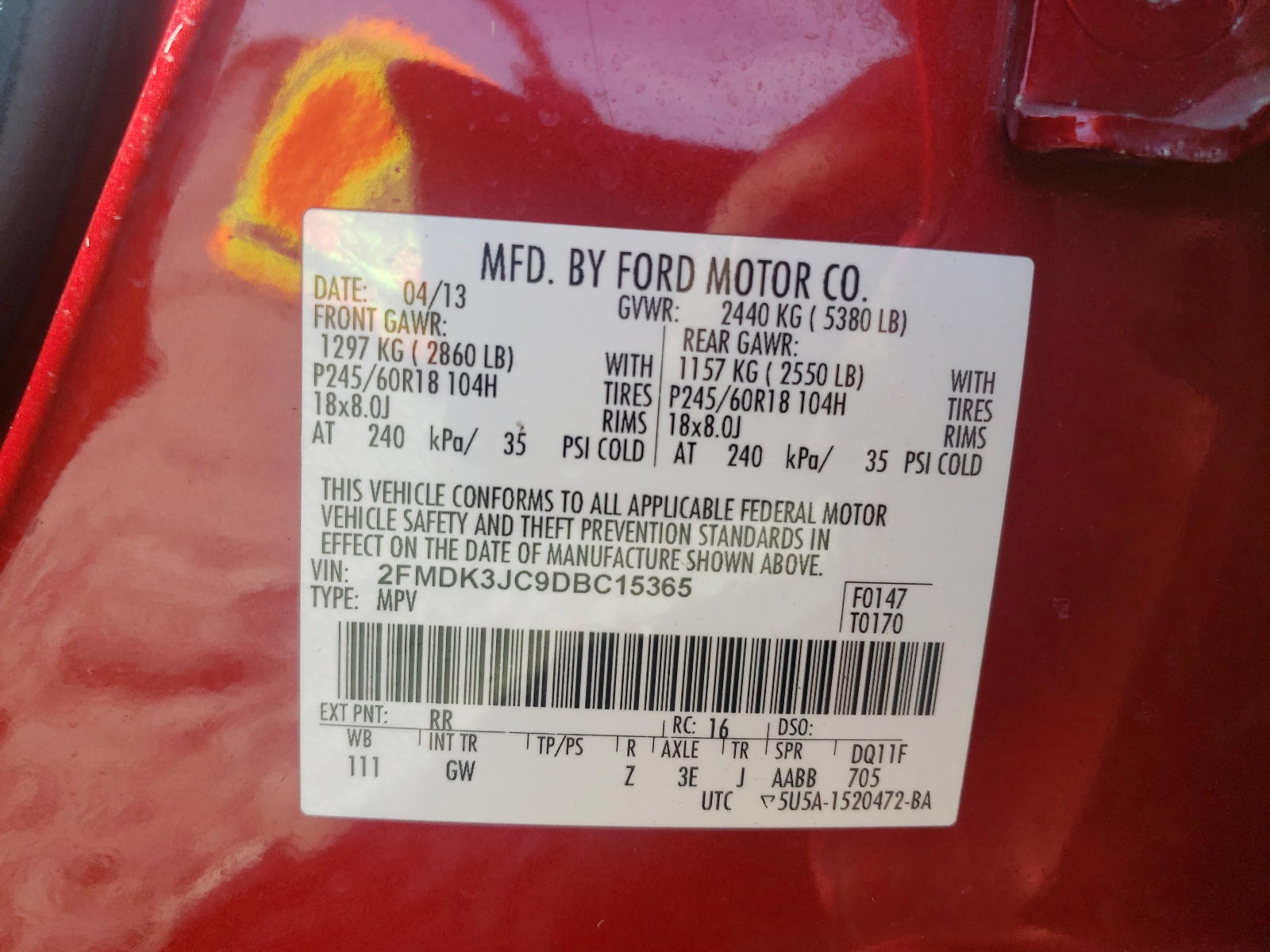 Photo 10 from auction – 2013 FORD EDGE with VIN 2FMDK3JC9DBC15365