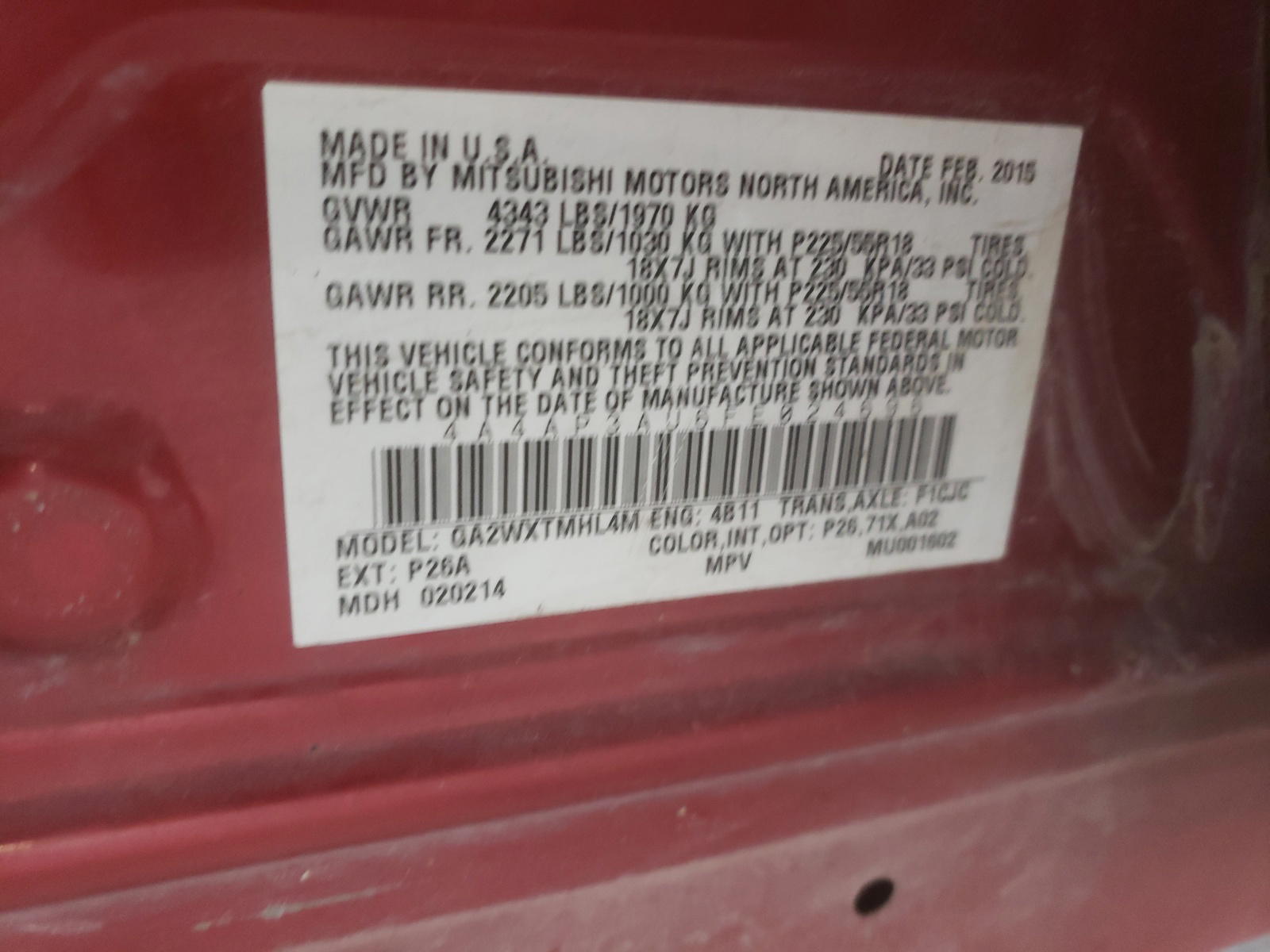 Photo 10 from auction – 2015 MITSUBISHI OUTLANDER with VIN 4A4AP3AU6FE024696