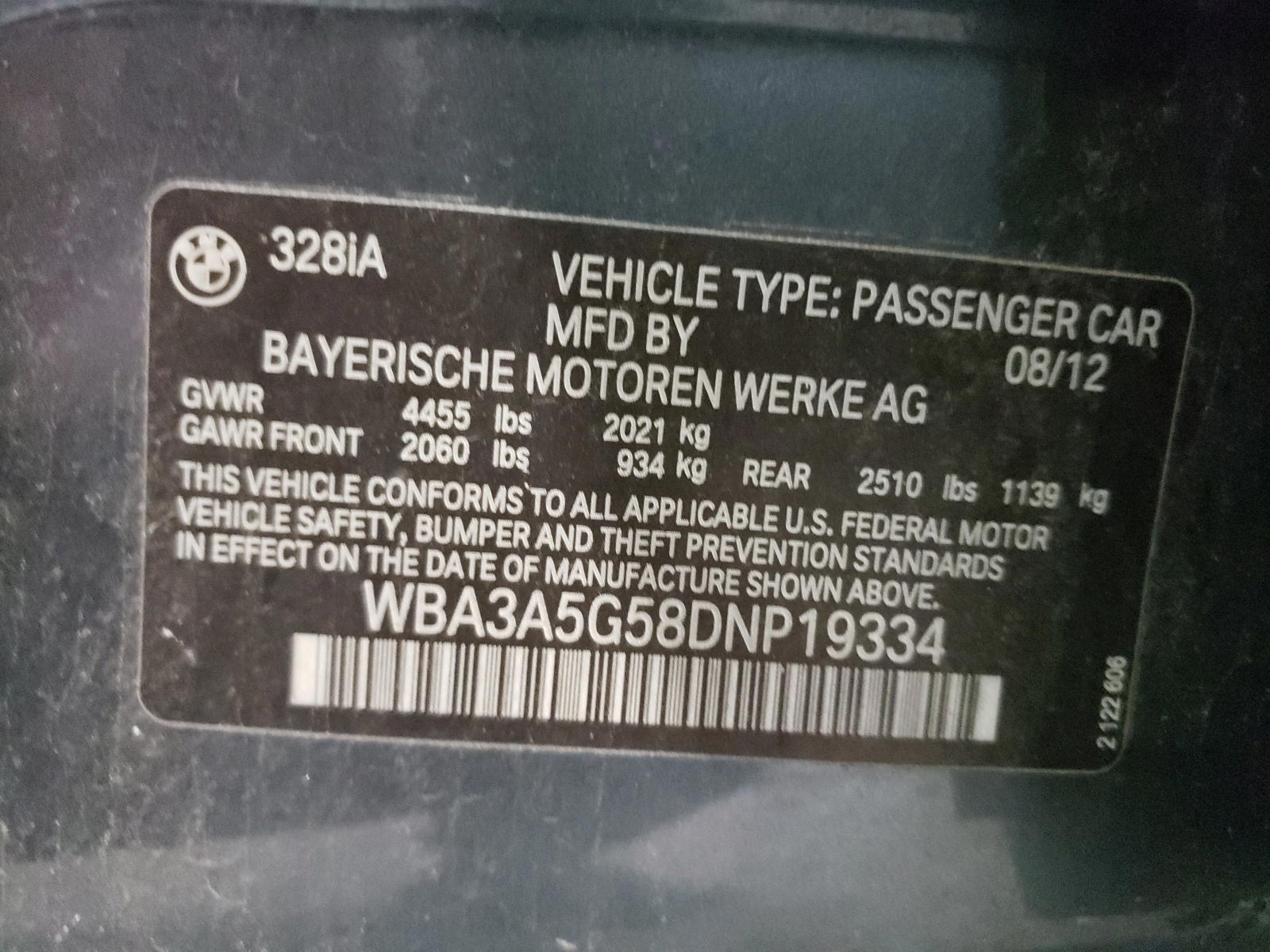 Photo 10 from auction – 2013 BMW 328 I with VIN WBA3A5G58DNP19334