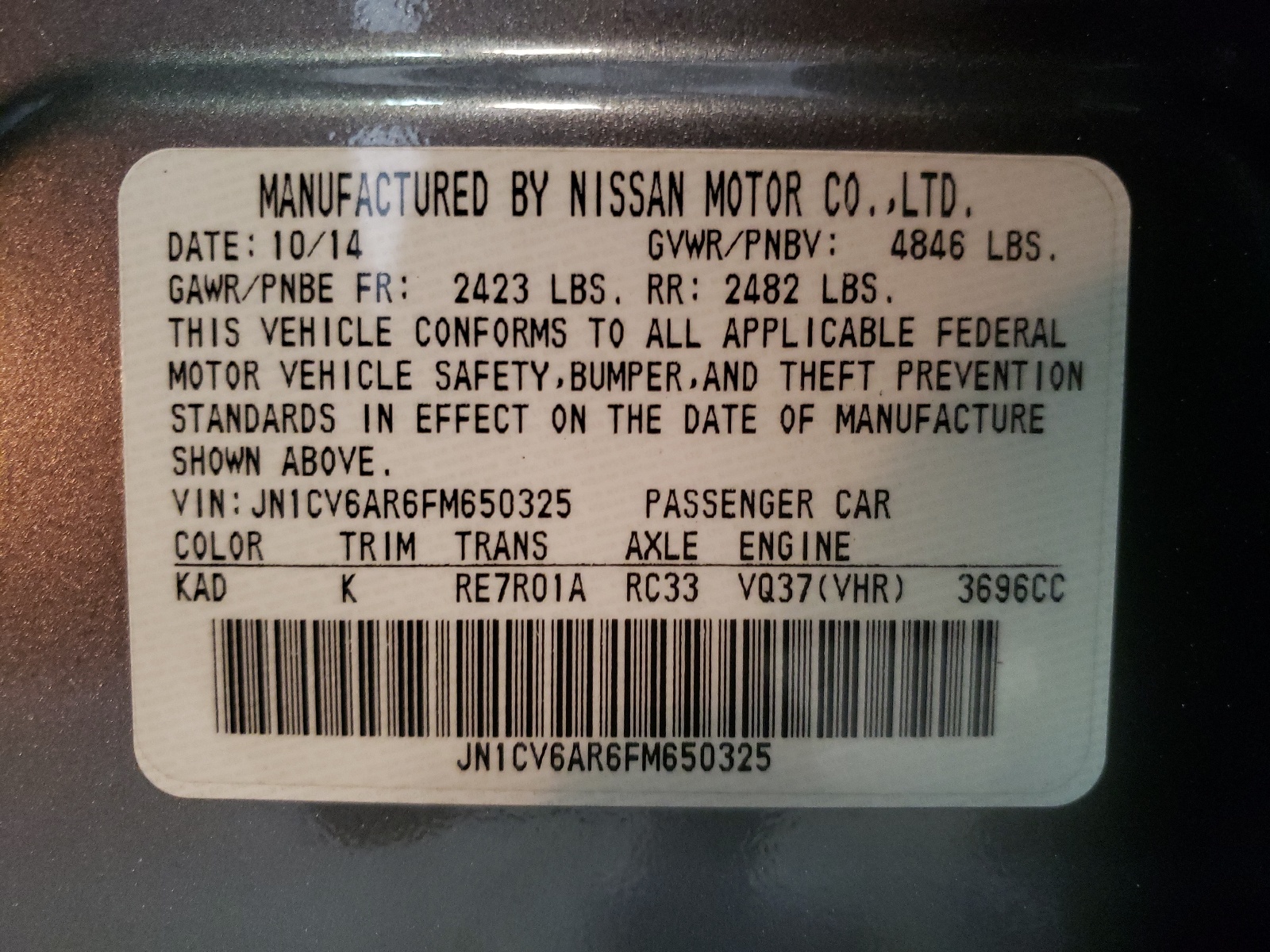 Photo 10 from auction – 2015 INFINITI Q40 with VIN JN1CV6AR6FM650325