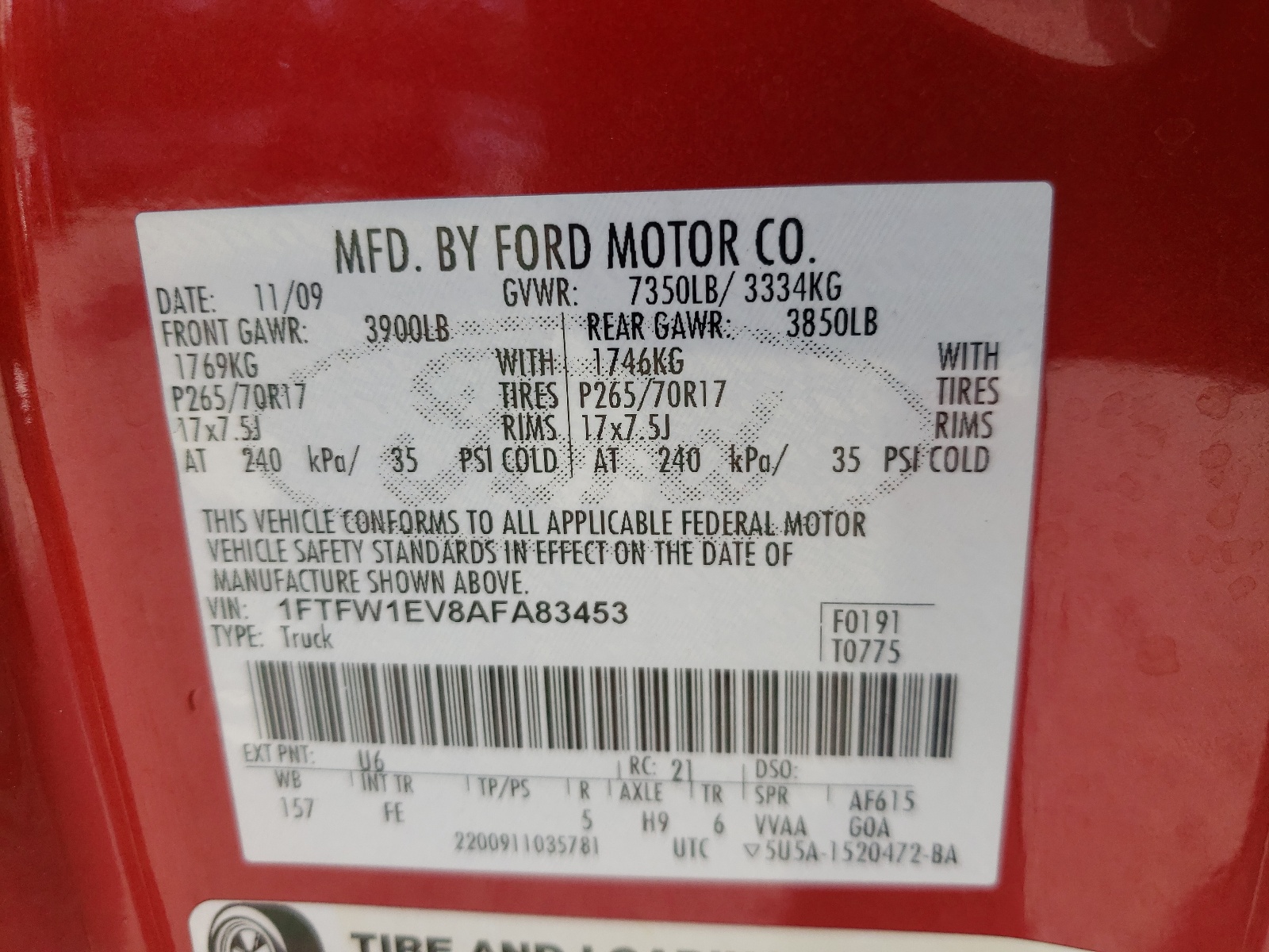 Photo 10 from auction – 2010 FORD F150 SUPER with VIN 1FTFW1EV8AFA83453