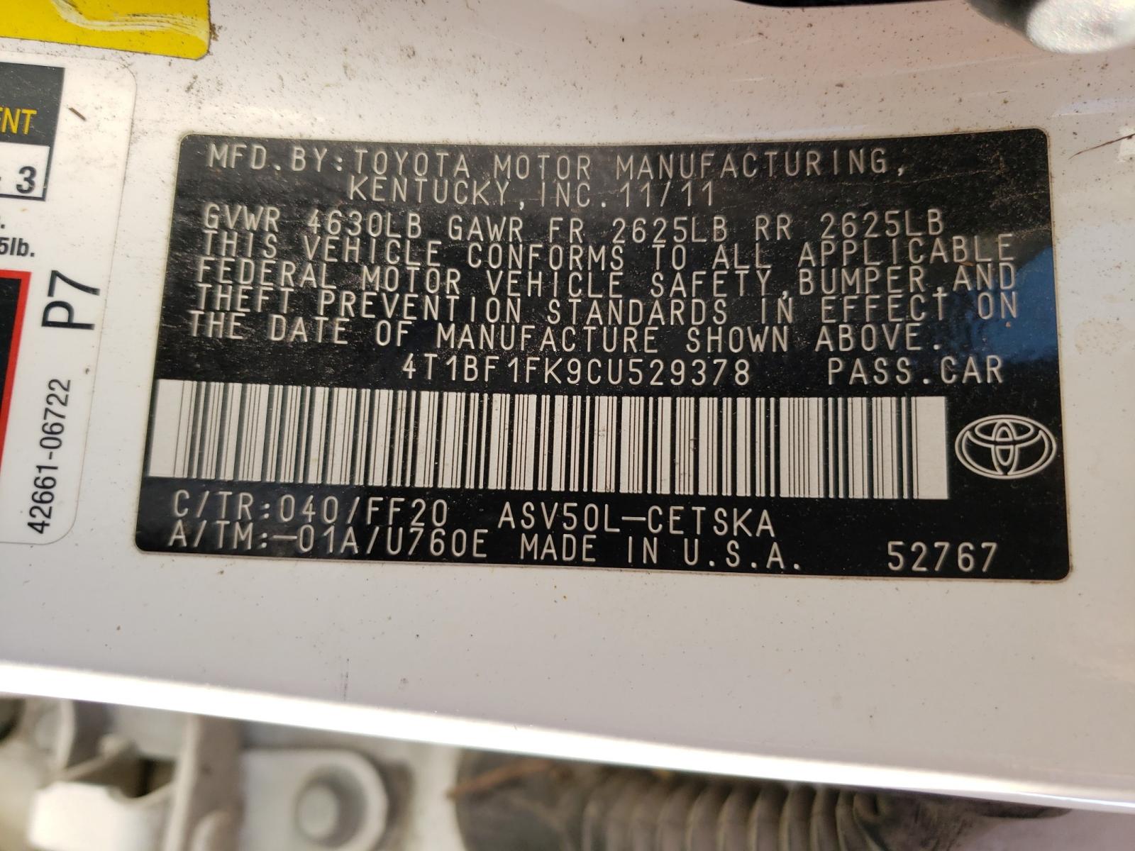 Photo 10 from auction – 2012 TOYOTA CAMRY BASE with VIN 4T1BF1FK9CU529378