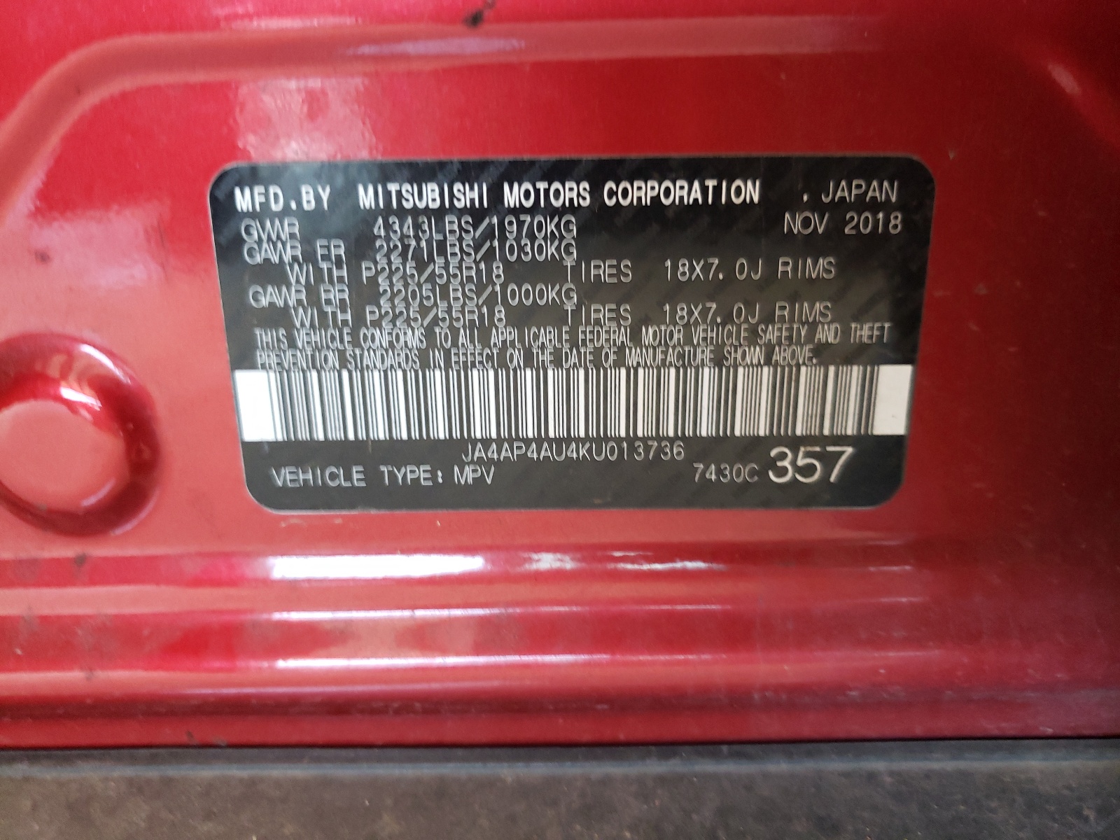 Photo 10 from auction – 2019 MITSUBISHI OUTLANDER with VIN JA4AP4AU4KU013736