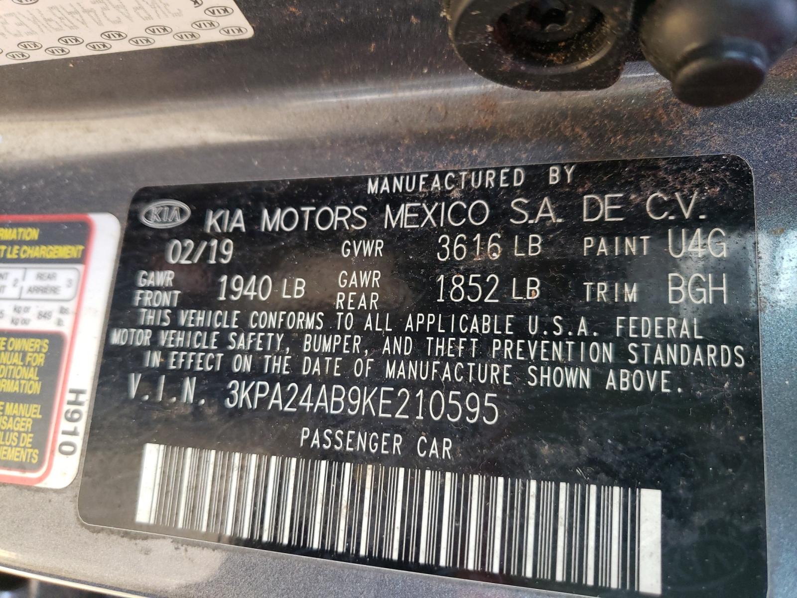Photo 10 from auction – 2019 KIA RIO S with VIN 3KPA24AB9KE210595