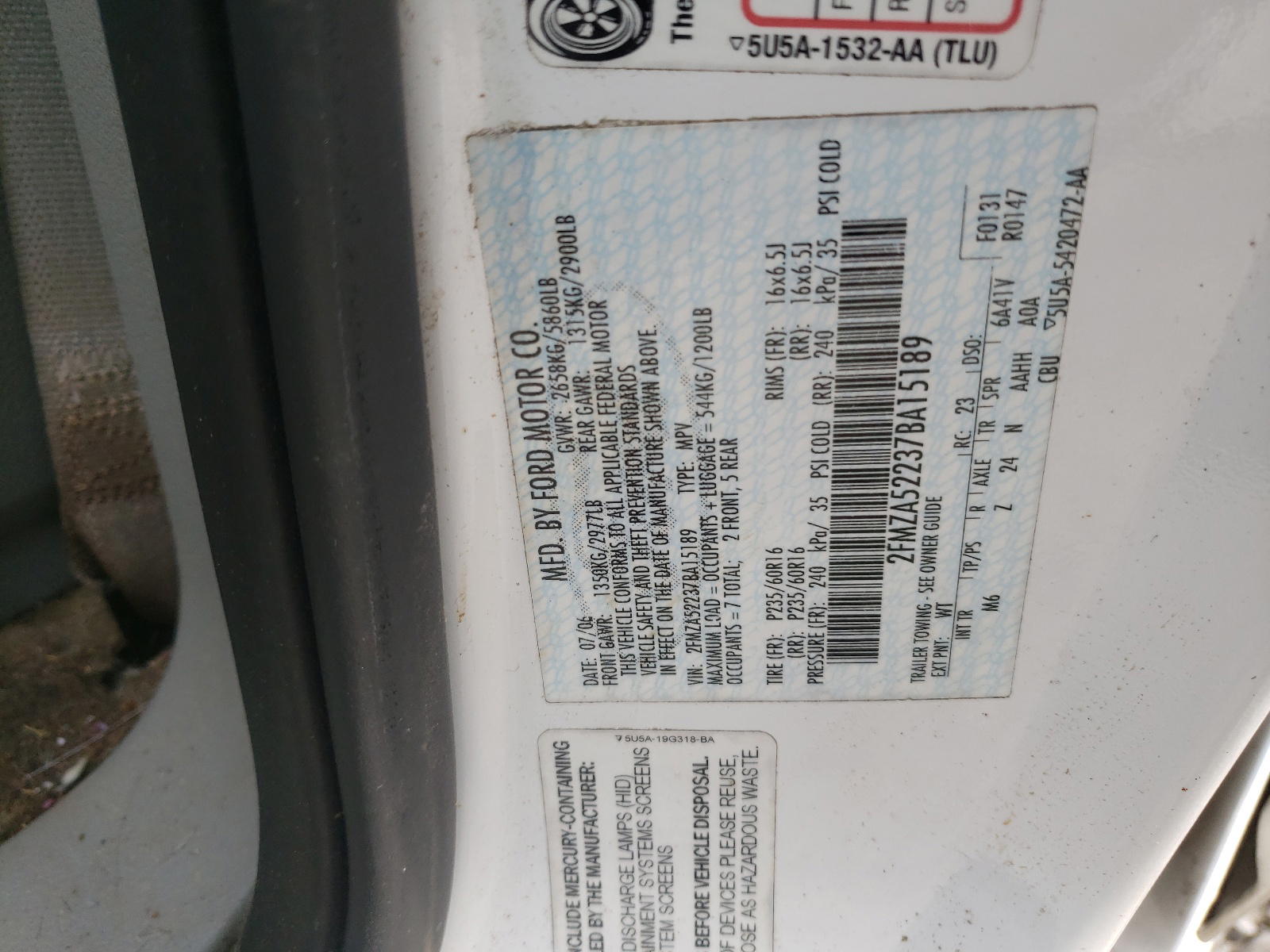 Photo 10 from auction – 2007 FORD FREESTAR S with VIN 2FMZA52237BA15189