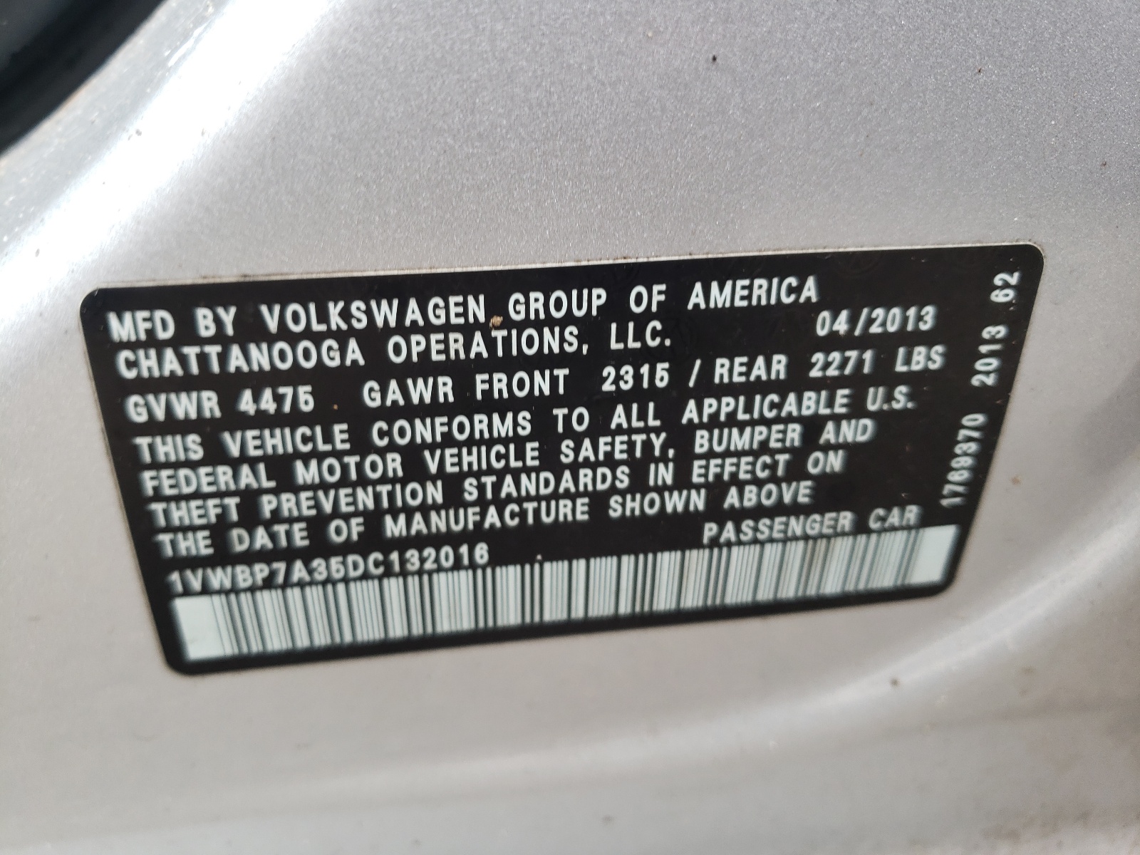 Photo 10 from auction – 2013 VOLKSWAGEN PASSAT SE with VIN 1VWBP7A35DC132016