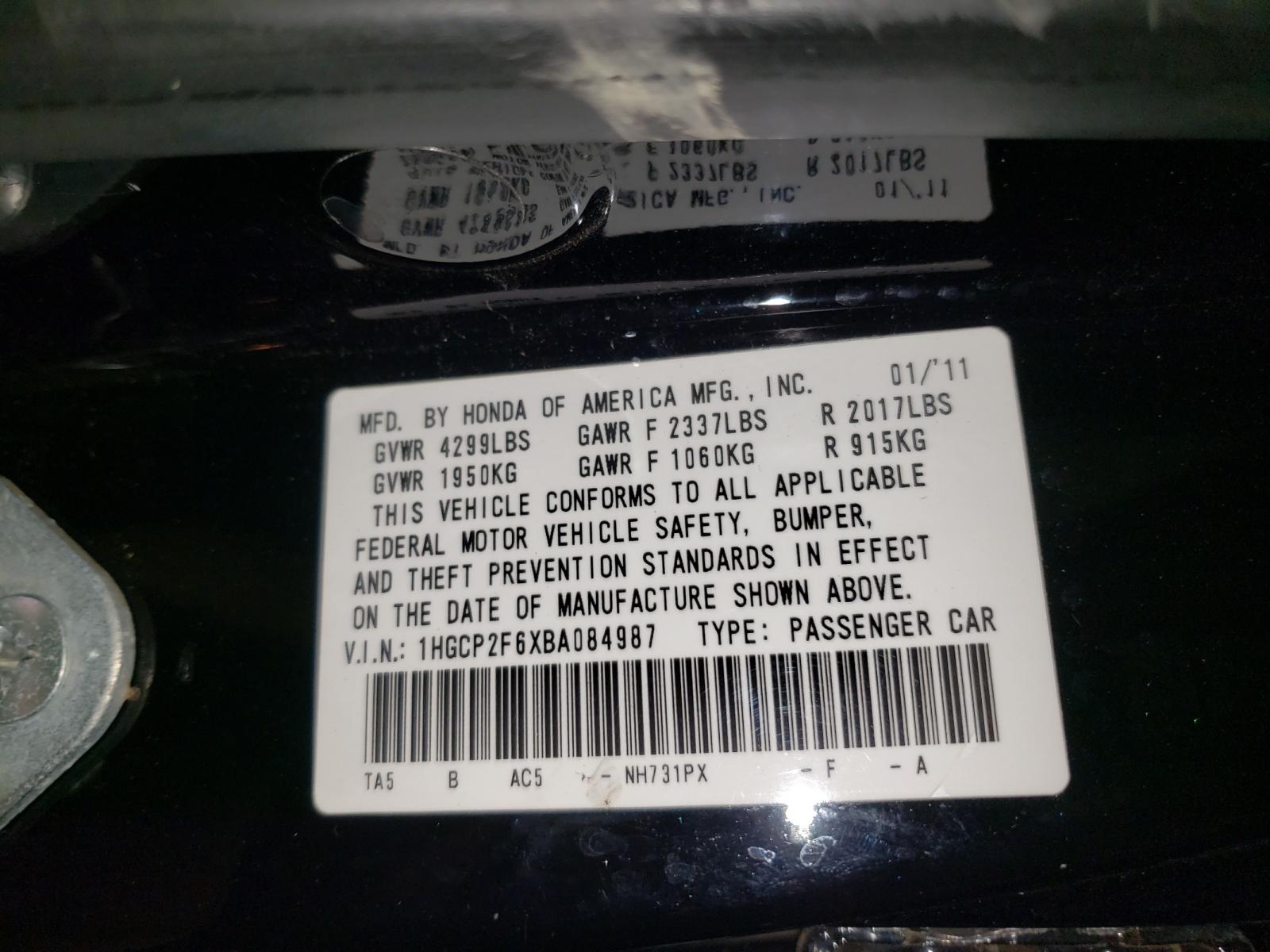 Photo 10 from auction – 2011 HONDA ACCORD SE with VIN 1HGCP2F6XBA084987