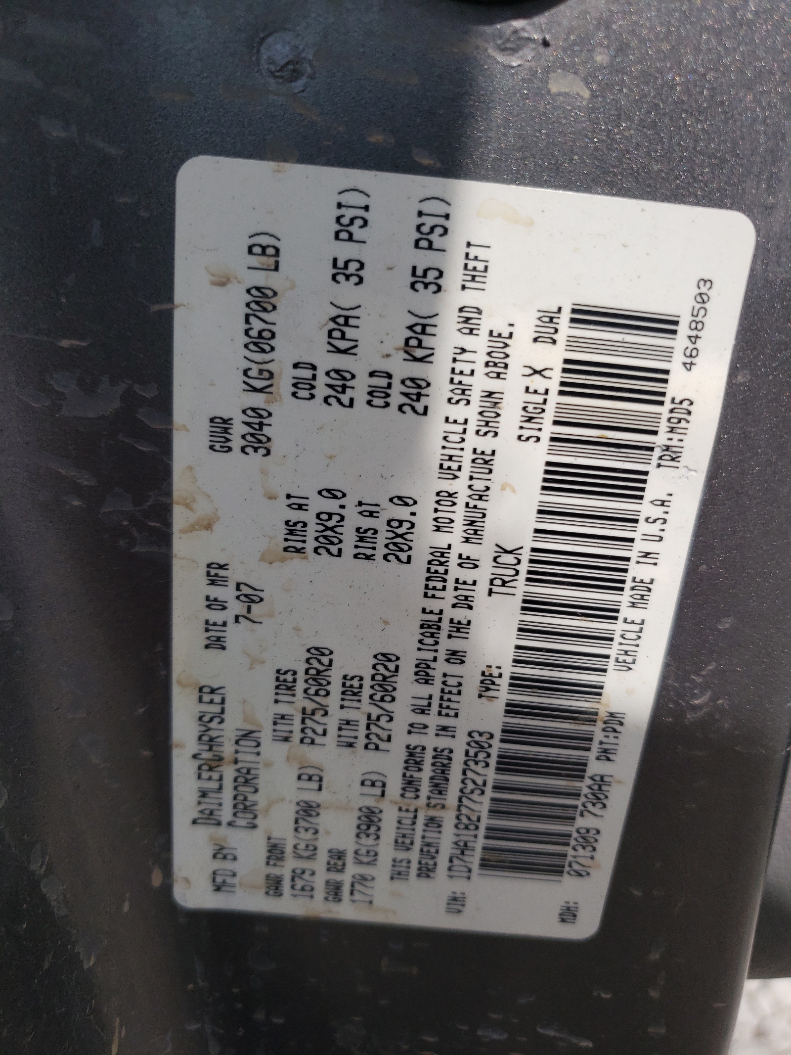 Photo 10 from auction – 2007 DODGE RAM 1500 S with VIN 1D7HA18277S273503