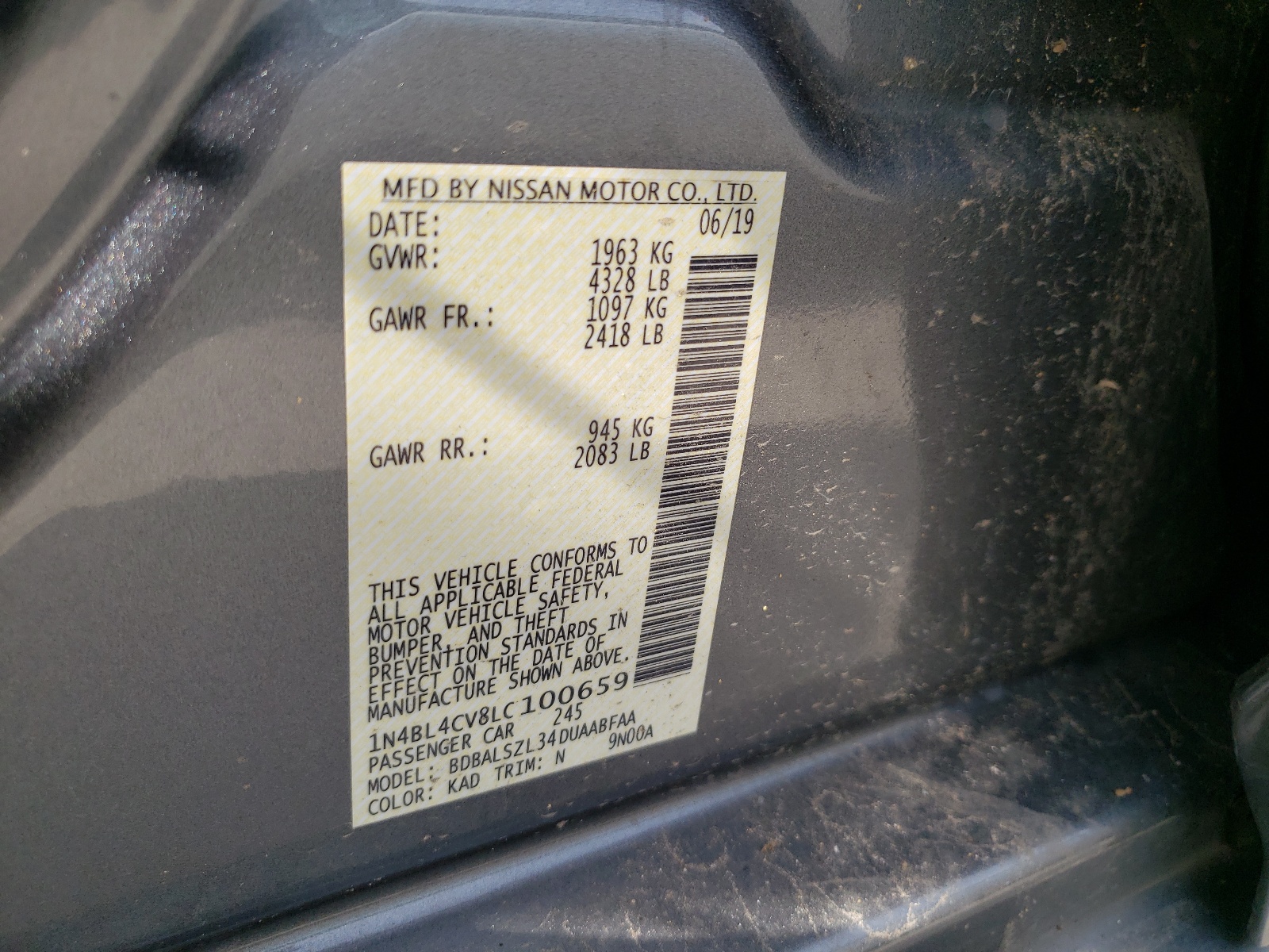 Photo 10 from auction – 2020 NISSAN ALTIMA SR with VIN 1N4BL4CV8LC100659