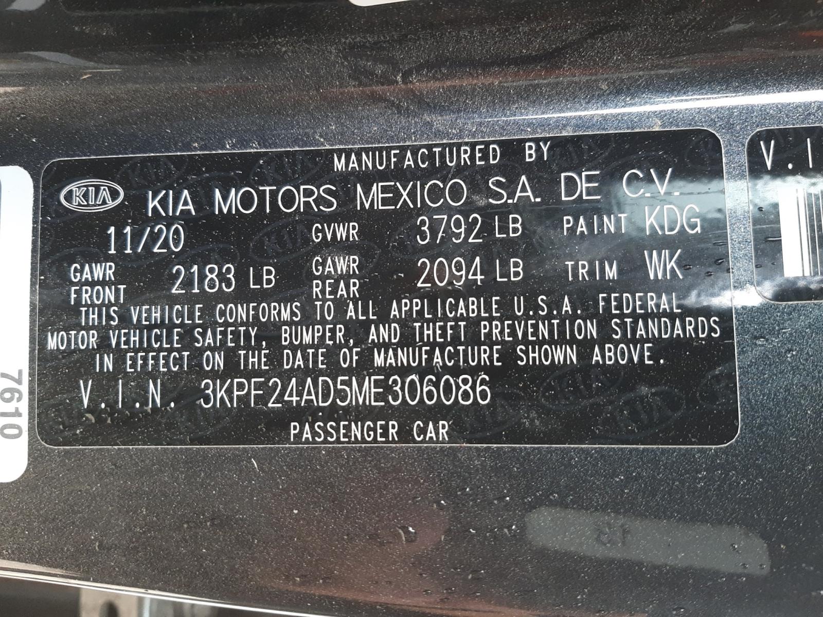 Photo 10 from auction – 2021 KIA FORTE FE with VIN 3KPF24AD5ME306086