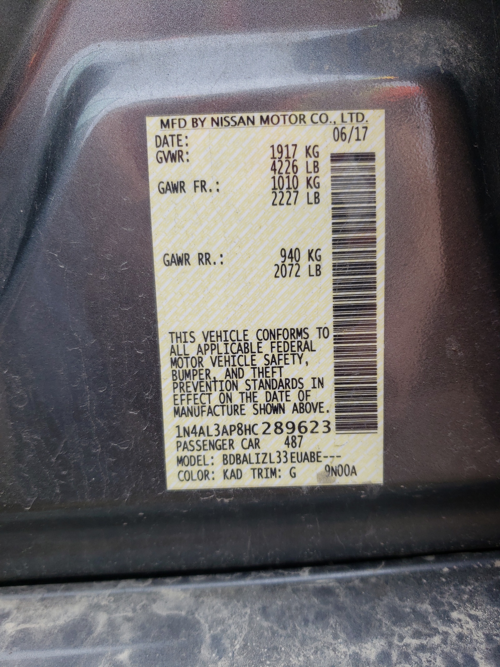 Photo 10 from auction – 2017 NISSAN ALTIMA 2.5 with VIN 1N4AL3AP8HC289623