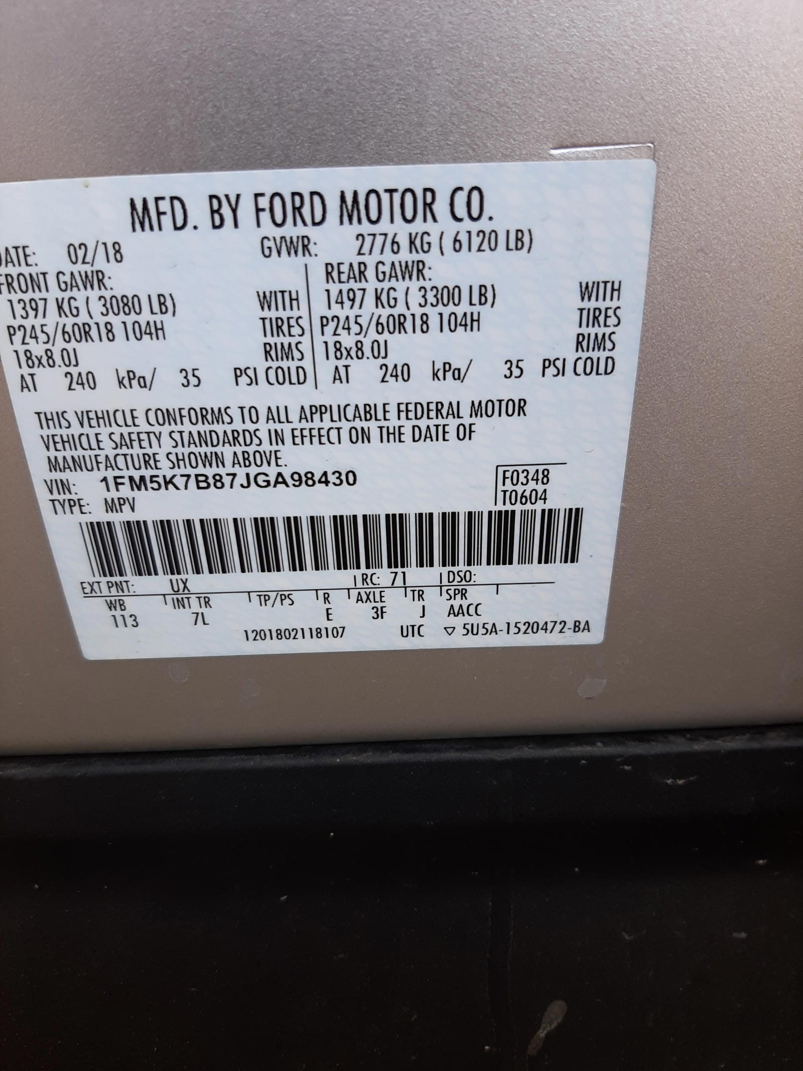 Photo 10 from auction – 2018 FORD EXPLORER with VIN 1FM5K7B87JGA98430