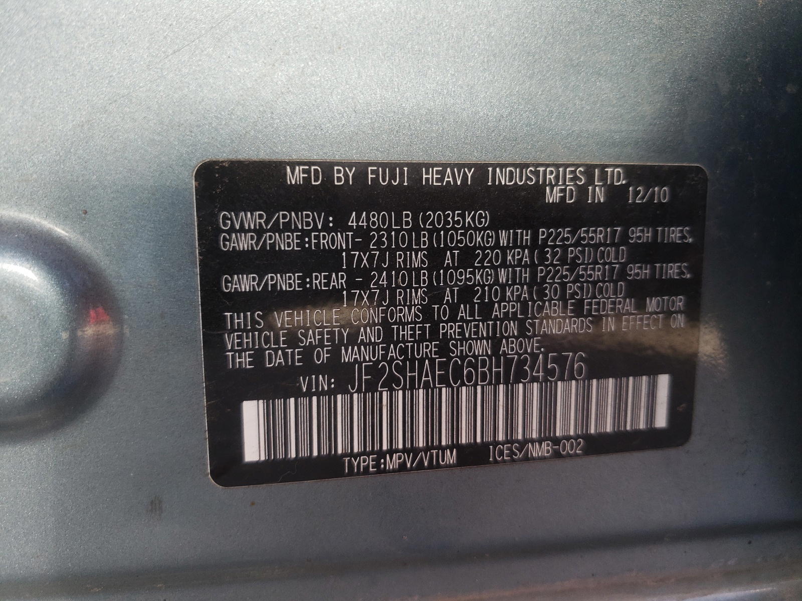 Photo 10 from auction – 2011 SUBARU FORESTER L with VIN JF2SHAEC6BH734576