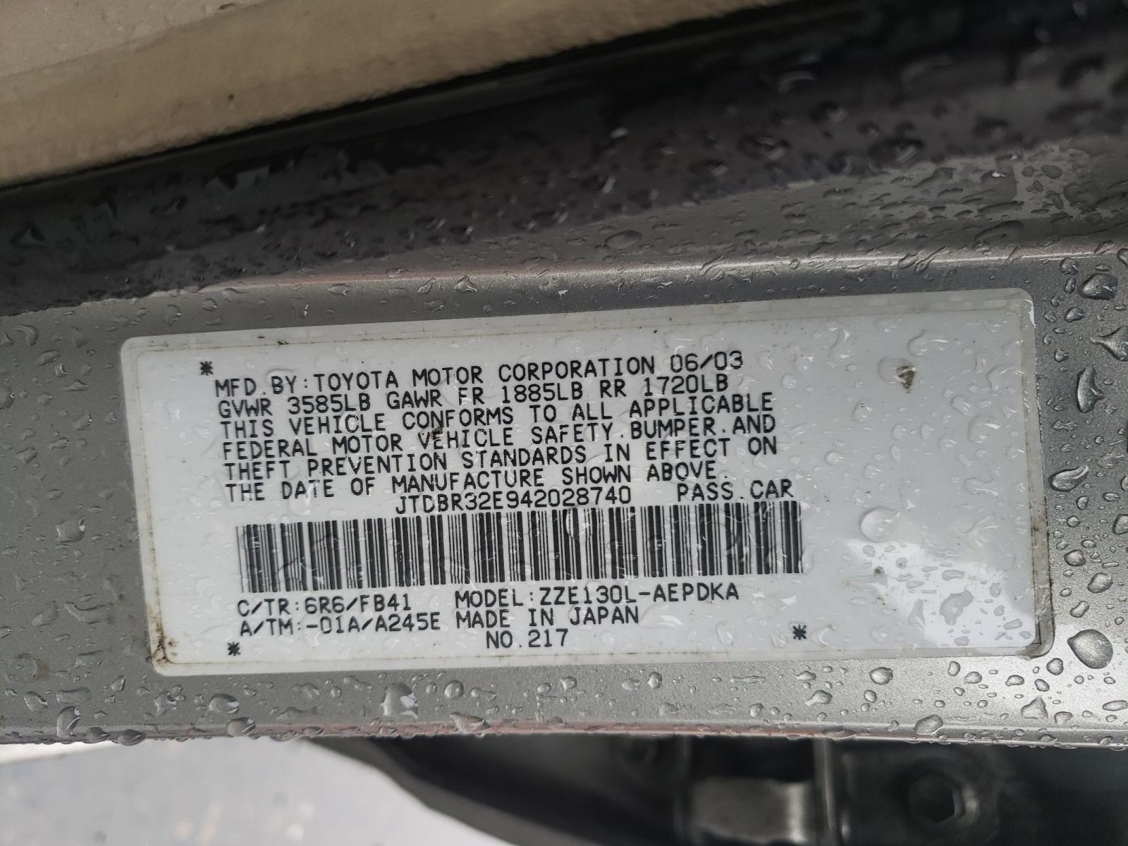 Photo 10 from auction – 2004 TOYOTA COROLLA CE with VIN JTDBR32E942028740