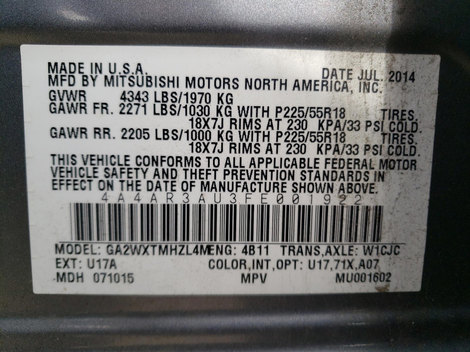 Photo 10 from auction – 2015 MITSUBISHI OUTLANDER with VIN 4A4AR3AU3FE001922