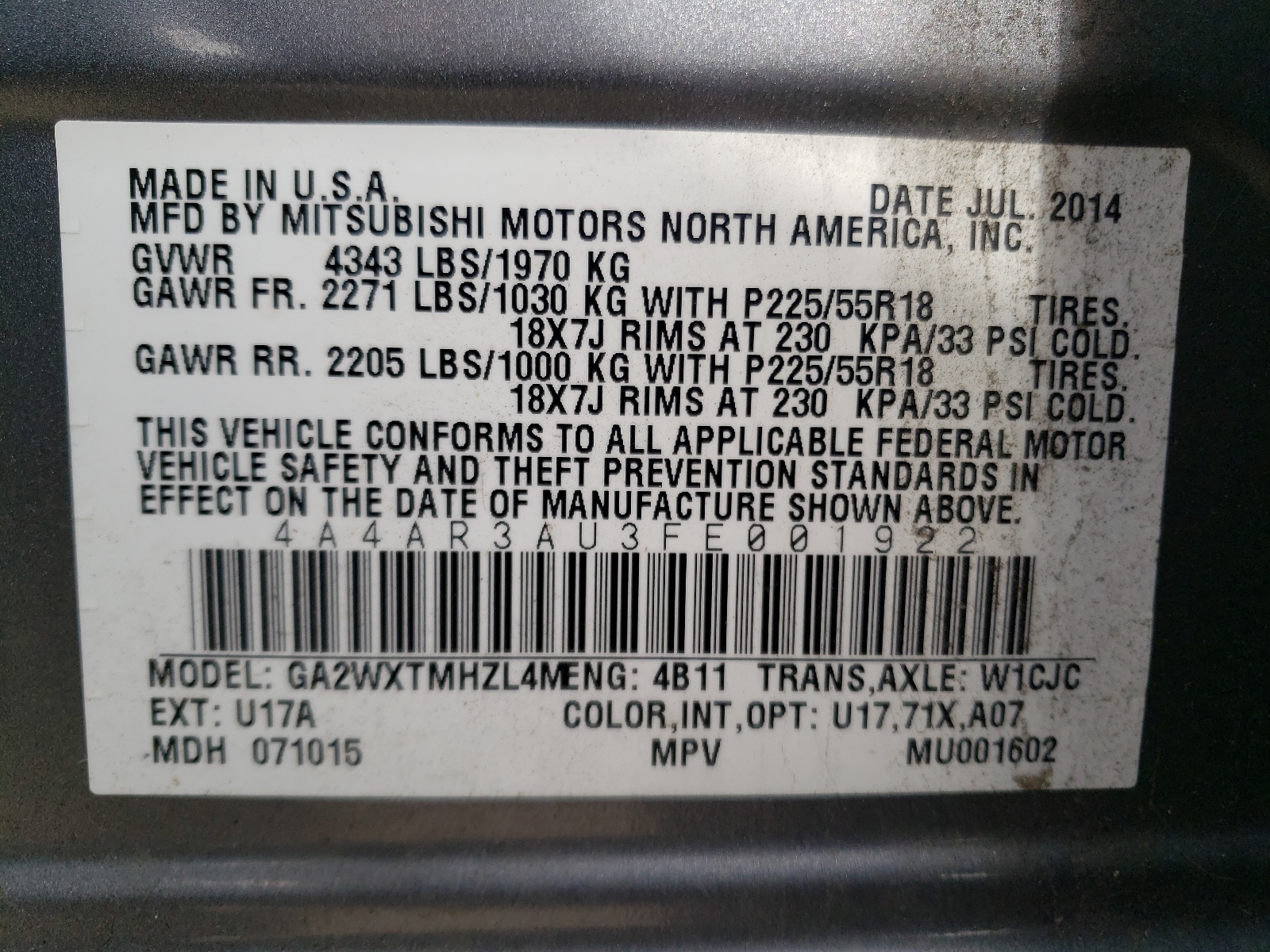 Фото 10 с аукциона – 2015 MITSUBISHI OUTLANDER с VIN 4A4AR3AU3FE001922