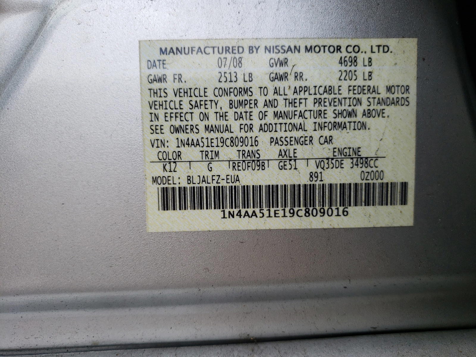 Photo 10 from auction – 2009 NISSAN MAXIMA S with VIN 1N4AA51E19C809016
