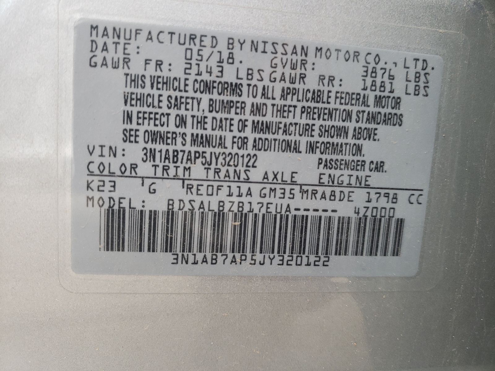 Photo 10 from auction – 2018 NISSAN SENTRA S with VIN 3N1AB7AP5JY320122