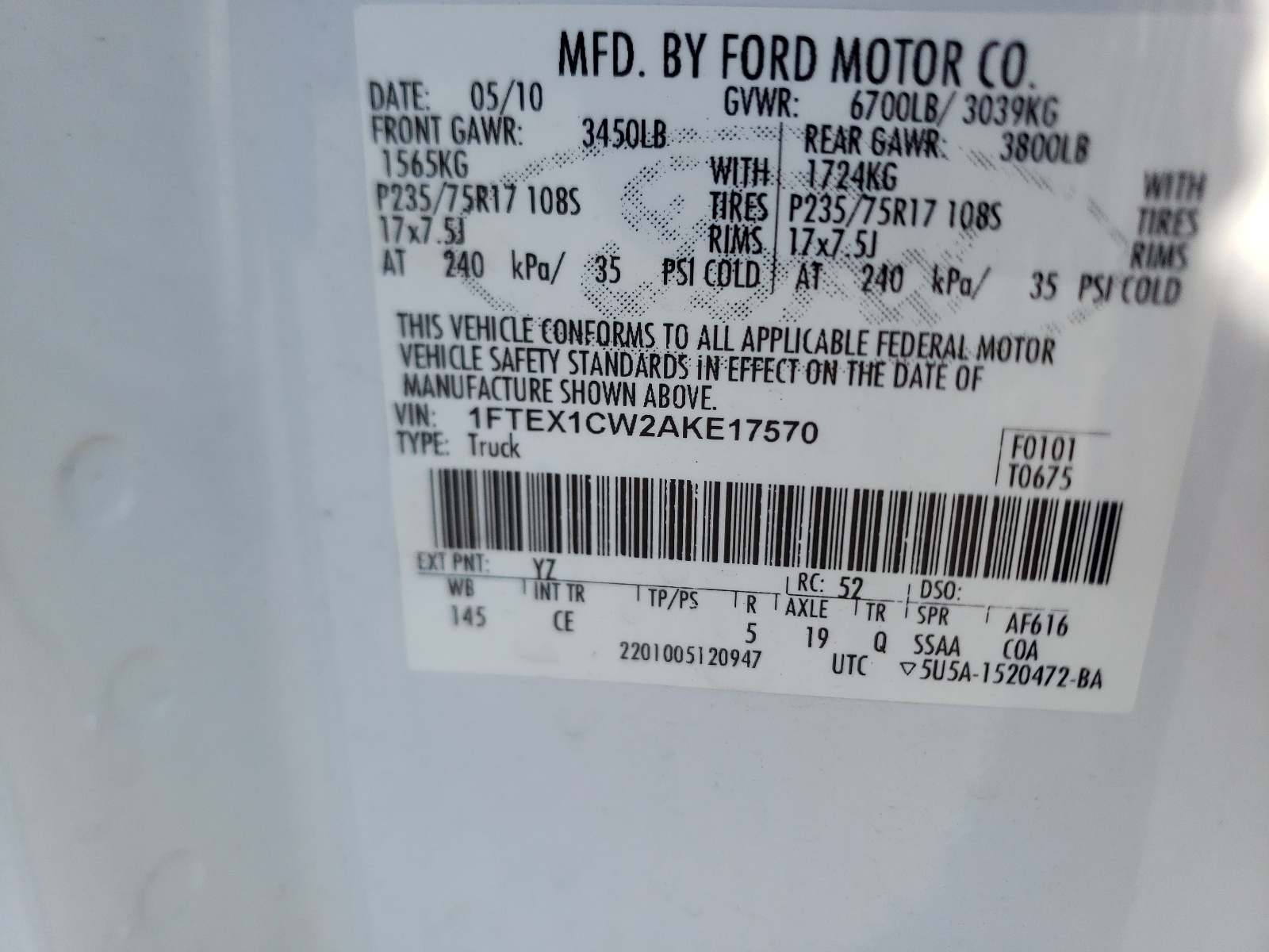 Photo 10 from auction – 2010 FORD F150 SUPER with VIN 1FTEX1CW2AKE17570