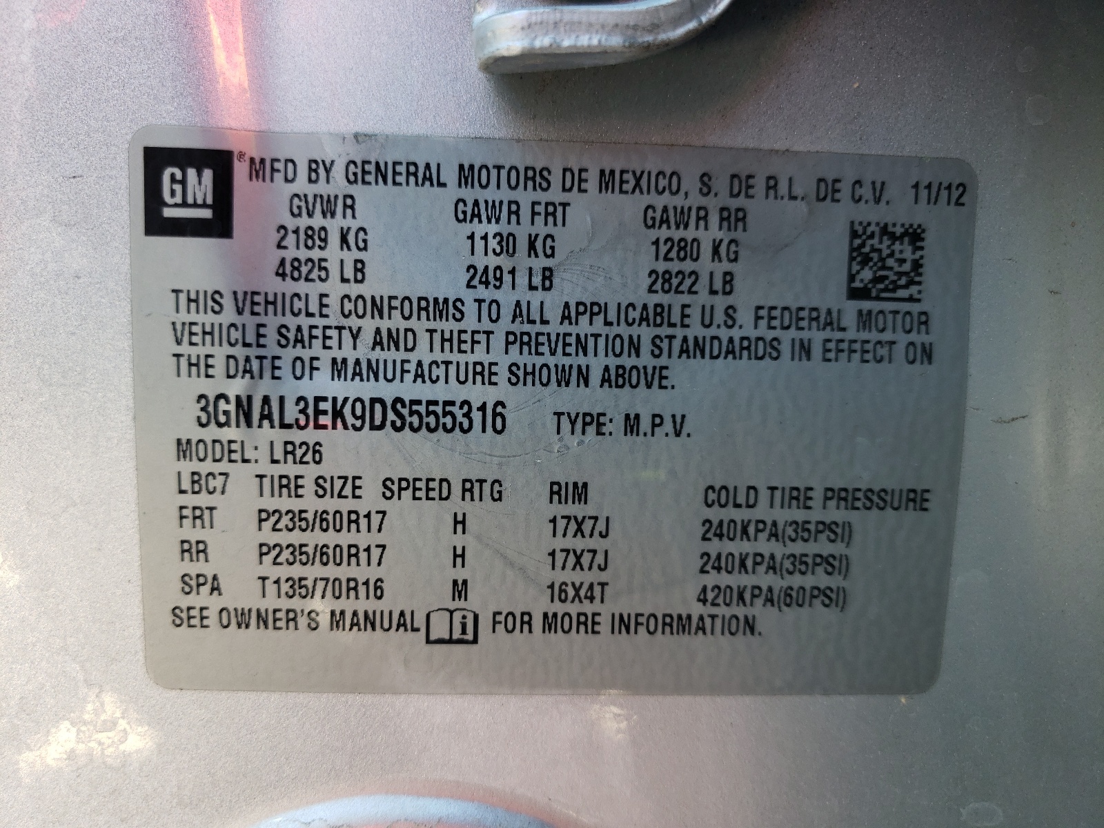 Photo 10 from auction – 2013 CHEVROLET CAPTIVA LT with VIN 3GNAL3EK9DS555316