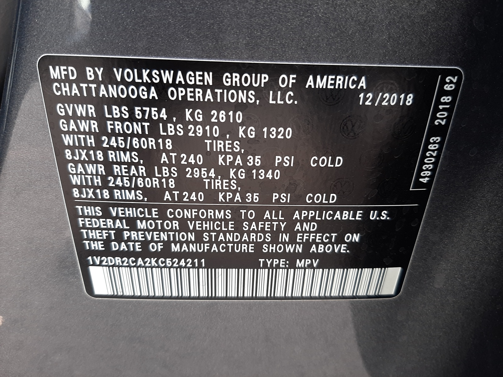 Photo 10 from auction – 2019 VOLKSWAGEN ATLAS SE with VIN 1V2DR2CA2KC524211