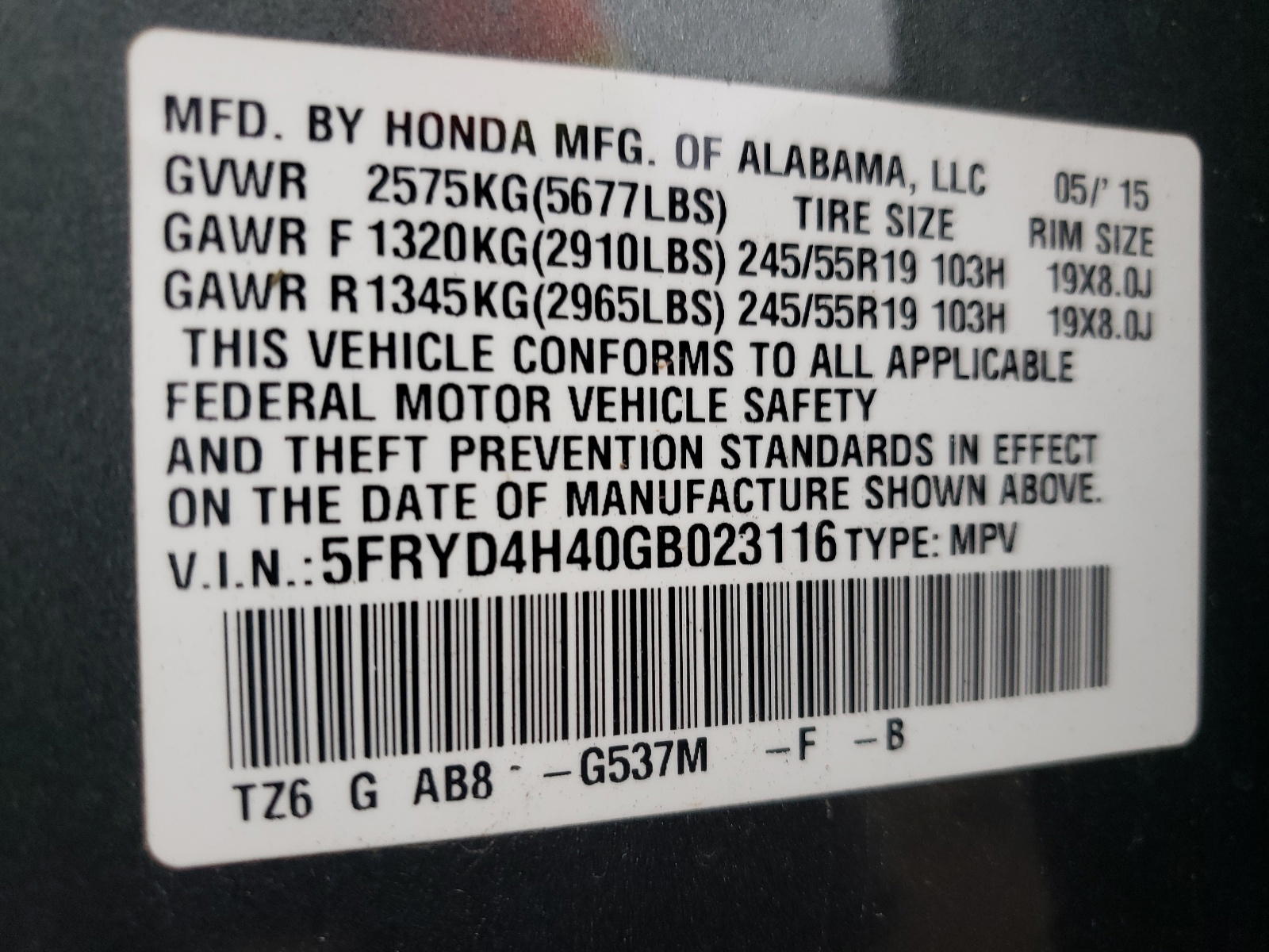 Photo 10 from auction – 2016 ACURA MDX TECHNO with VIN 5FRYD4H40GB023116