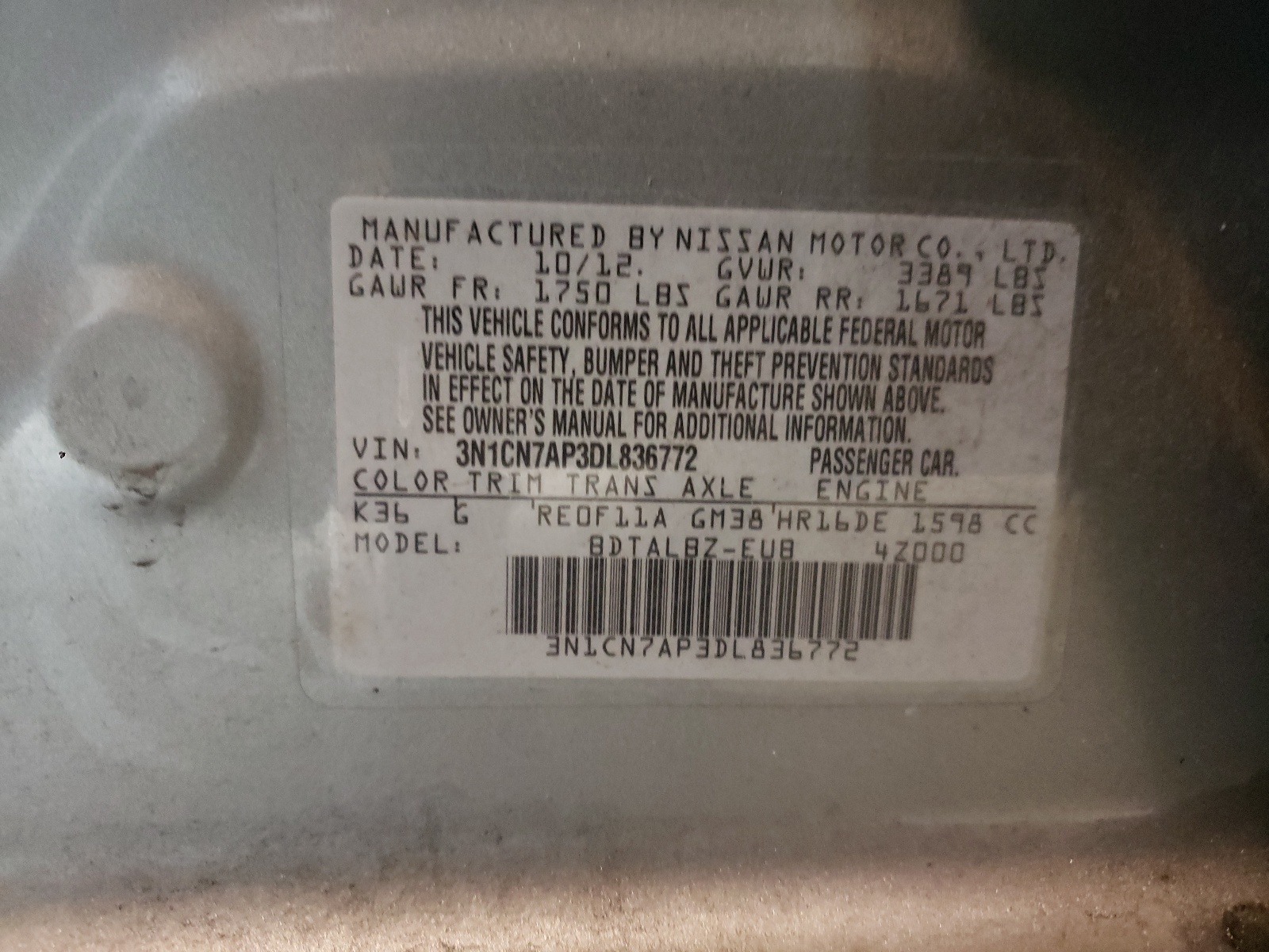 Photo 10 from auction – 2013 NISSAN VERSA S with VIN 3N1CN7AP3DL836772