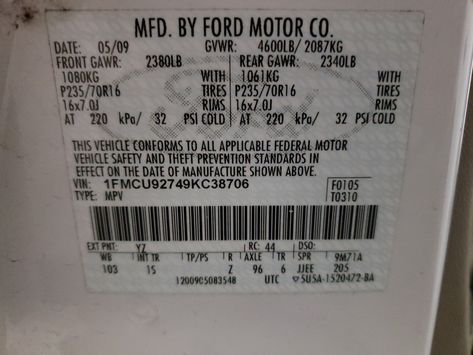 Photo 10 from auction – 2009 FORD ESCAPE XLS with VIN 1FMCU92749KC38706