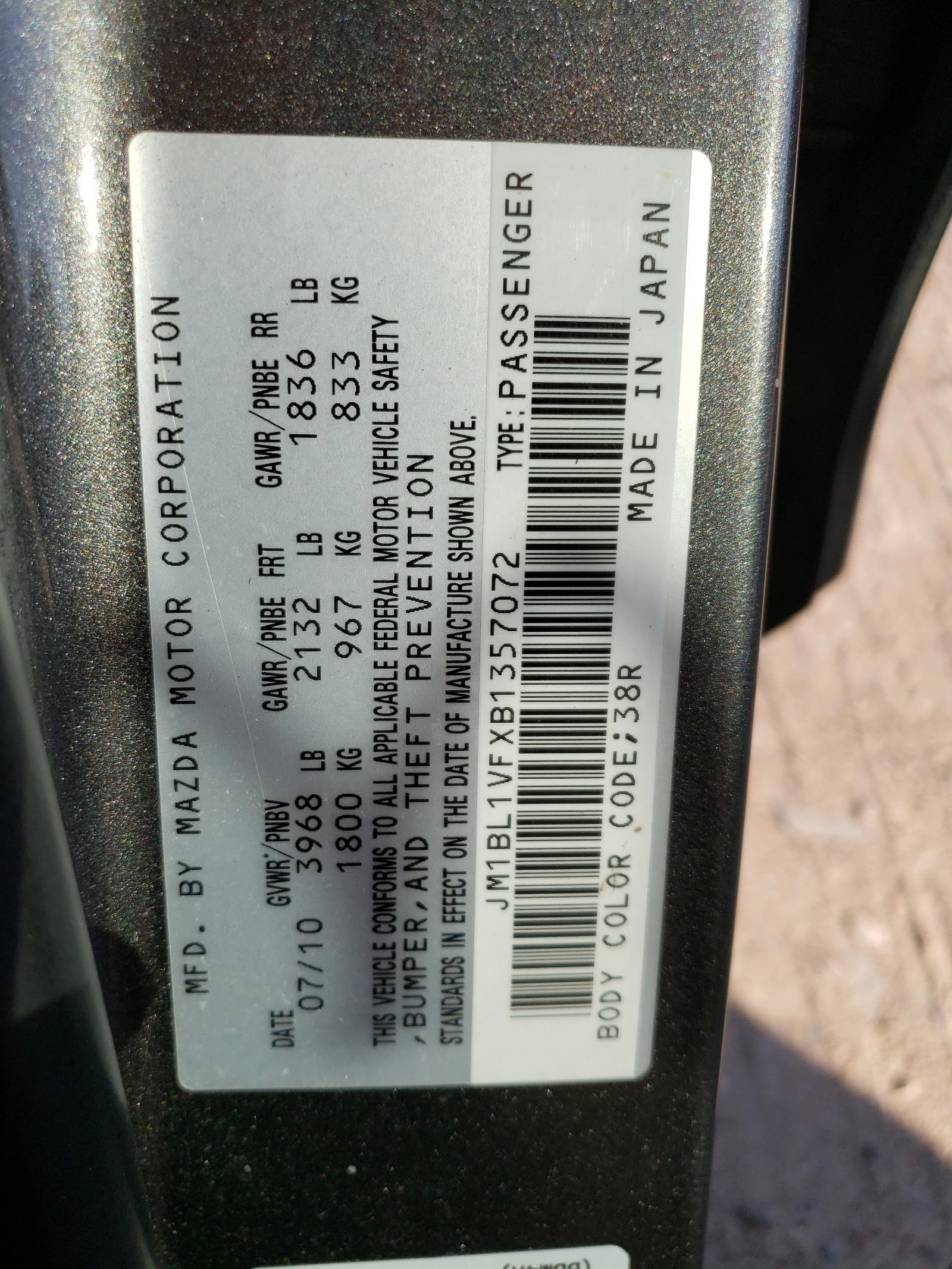 Photo 10 from auction – 2011 MAZDA 3 I with VIN JM1BL1VFXB1357072