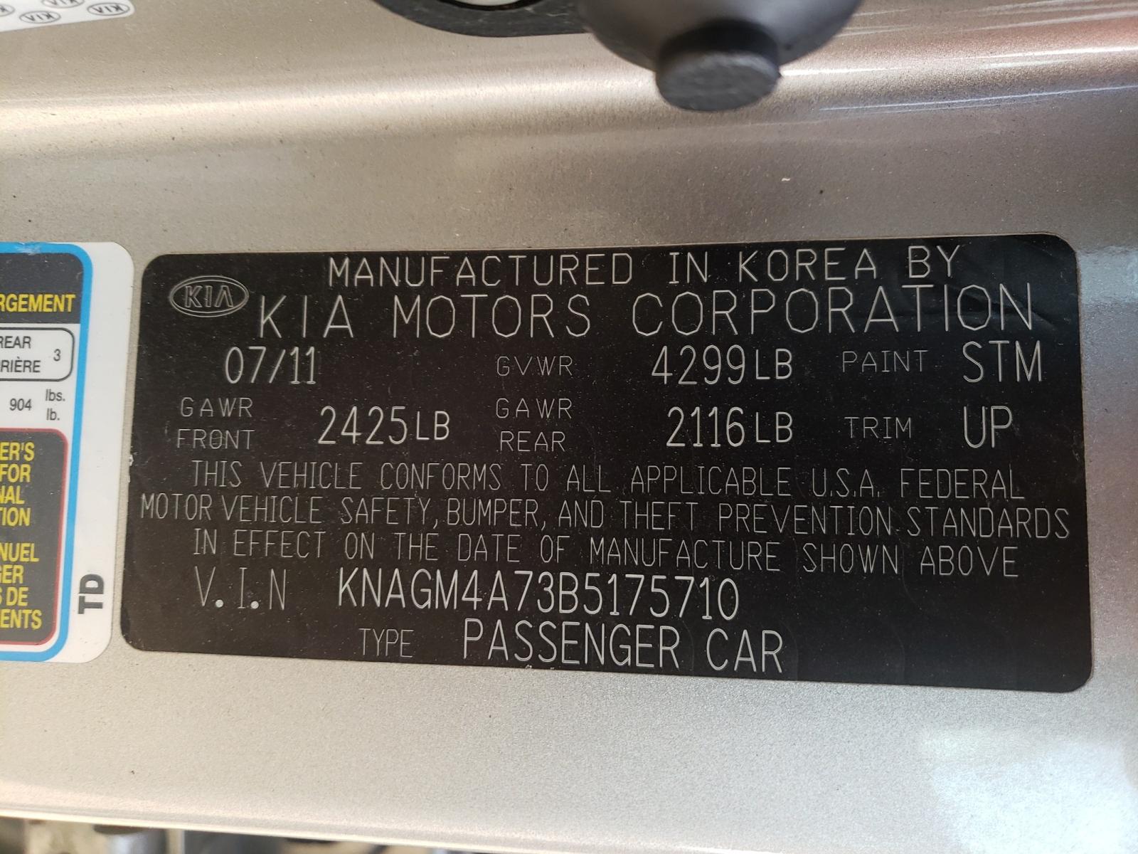 Photo 10 from auction – 2011 KIA OPTIMA LX with VIN KNAGM4A73B5175710
