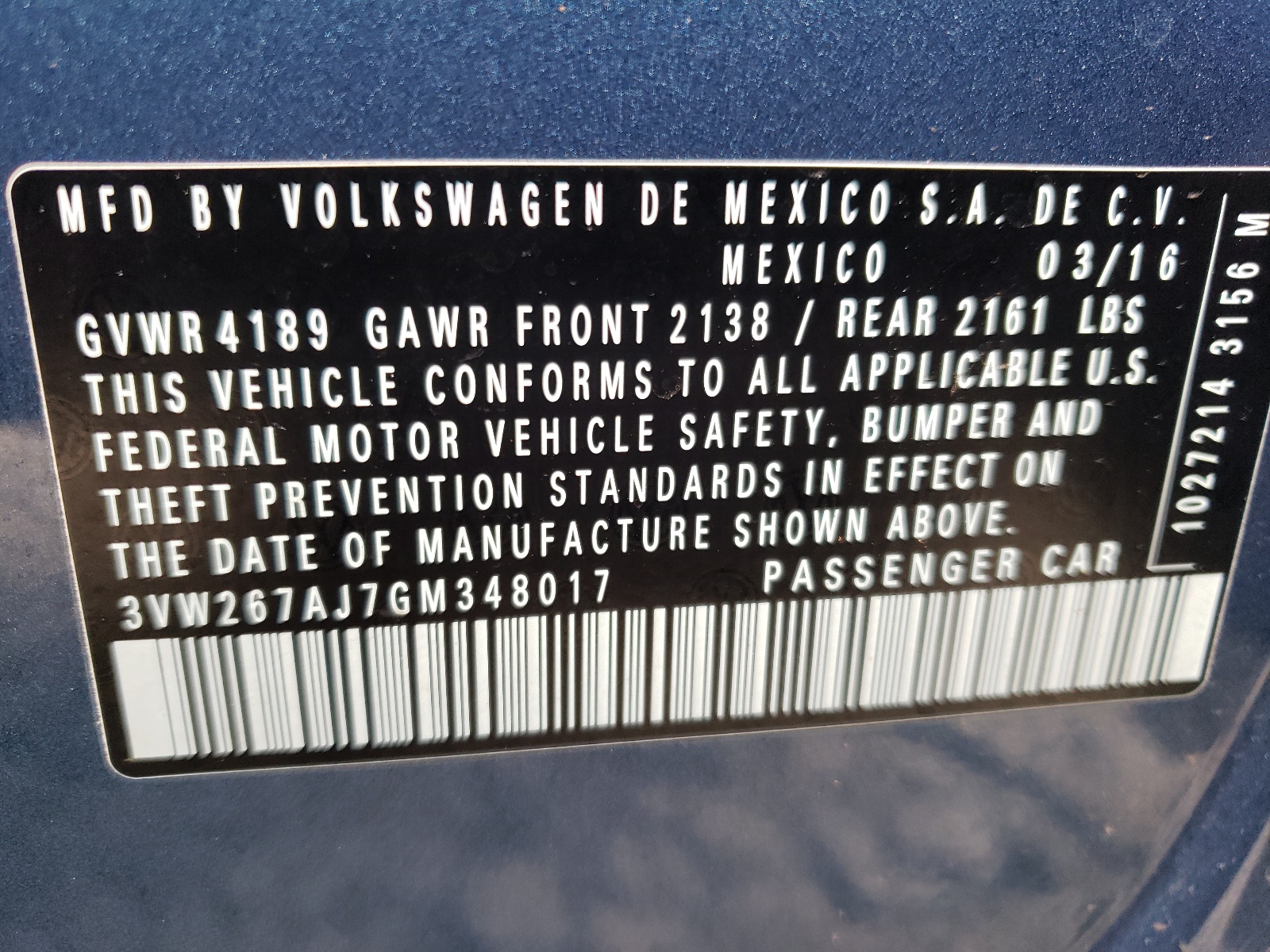 Photo 10 from auction – 2016 VOLKSWAGEN JETTA S with VIN 3VW267AJ7GM348017