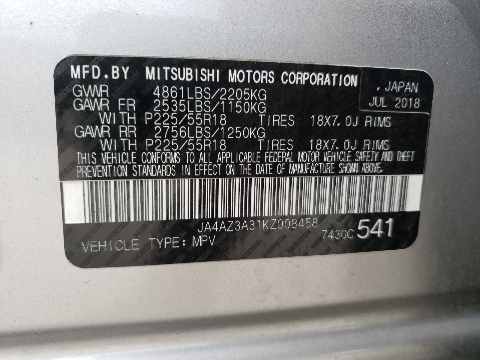 Photo 10 from auction – 2019 MITSUBISHI OUTLANDER with VIN JA4AZ3A31KZ008458