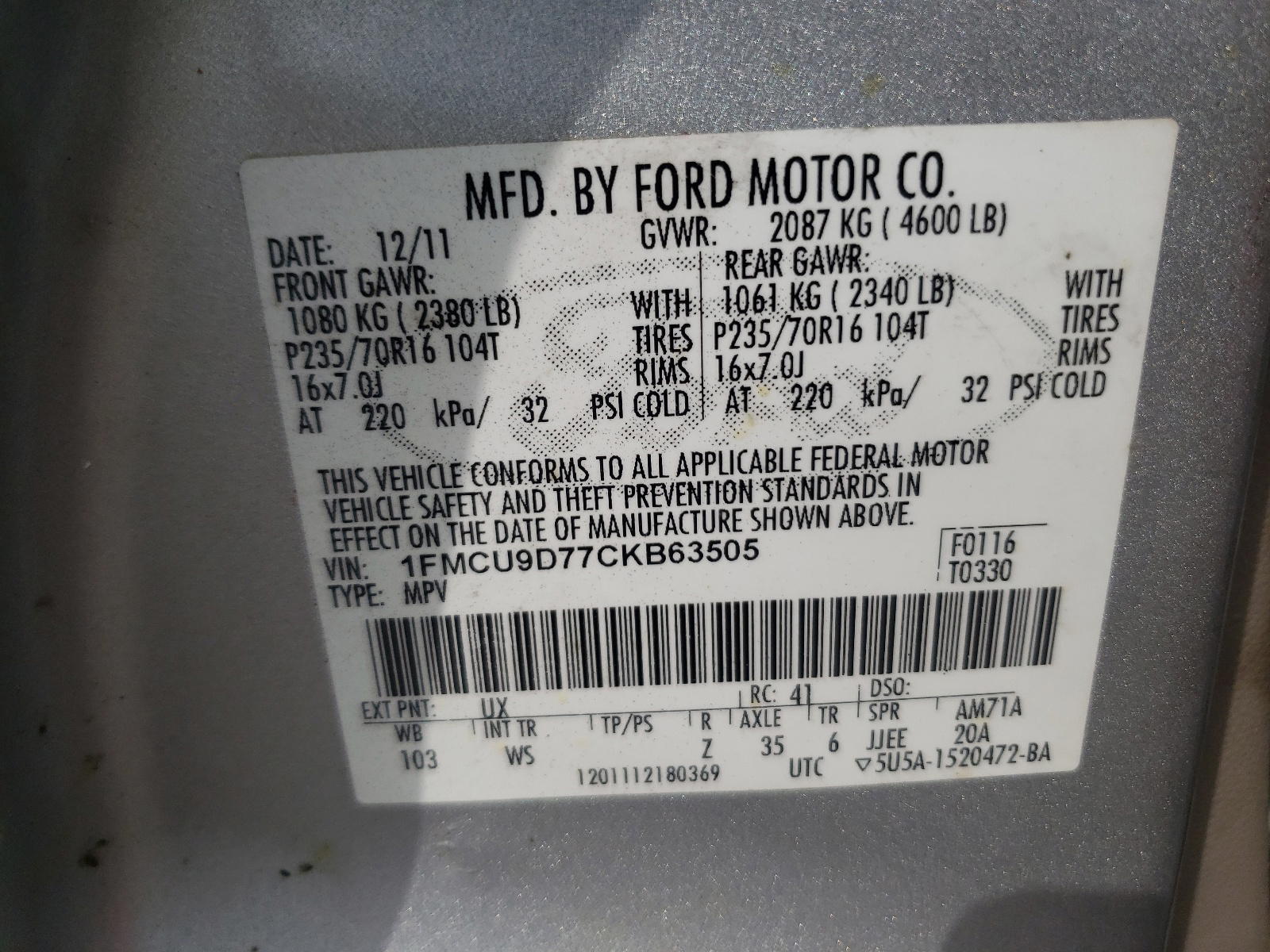 Photo 10 from auction – 2012 FORD ESCAPE XLT with VIN 1FMCU9D77CKB63505