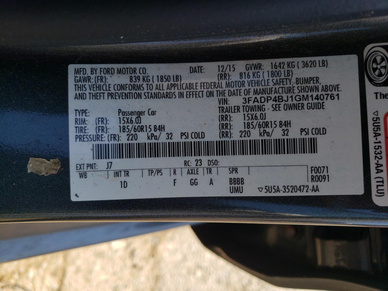 Photo 10 from auction – 2016 FORD FIESTA SE with VIN 3FADP4BJ1GM140761