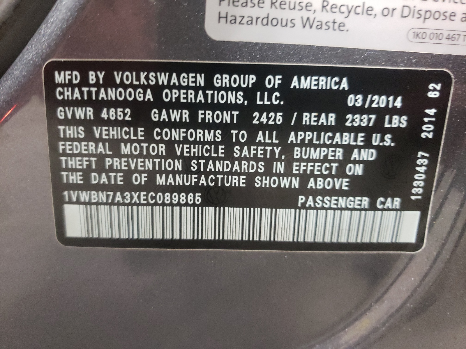 Photo 10 from auction – 2014 VOLKSWAGEN PASSAT SE with VIN 1VWBN7A3XEC089865